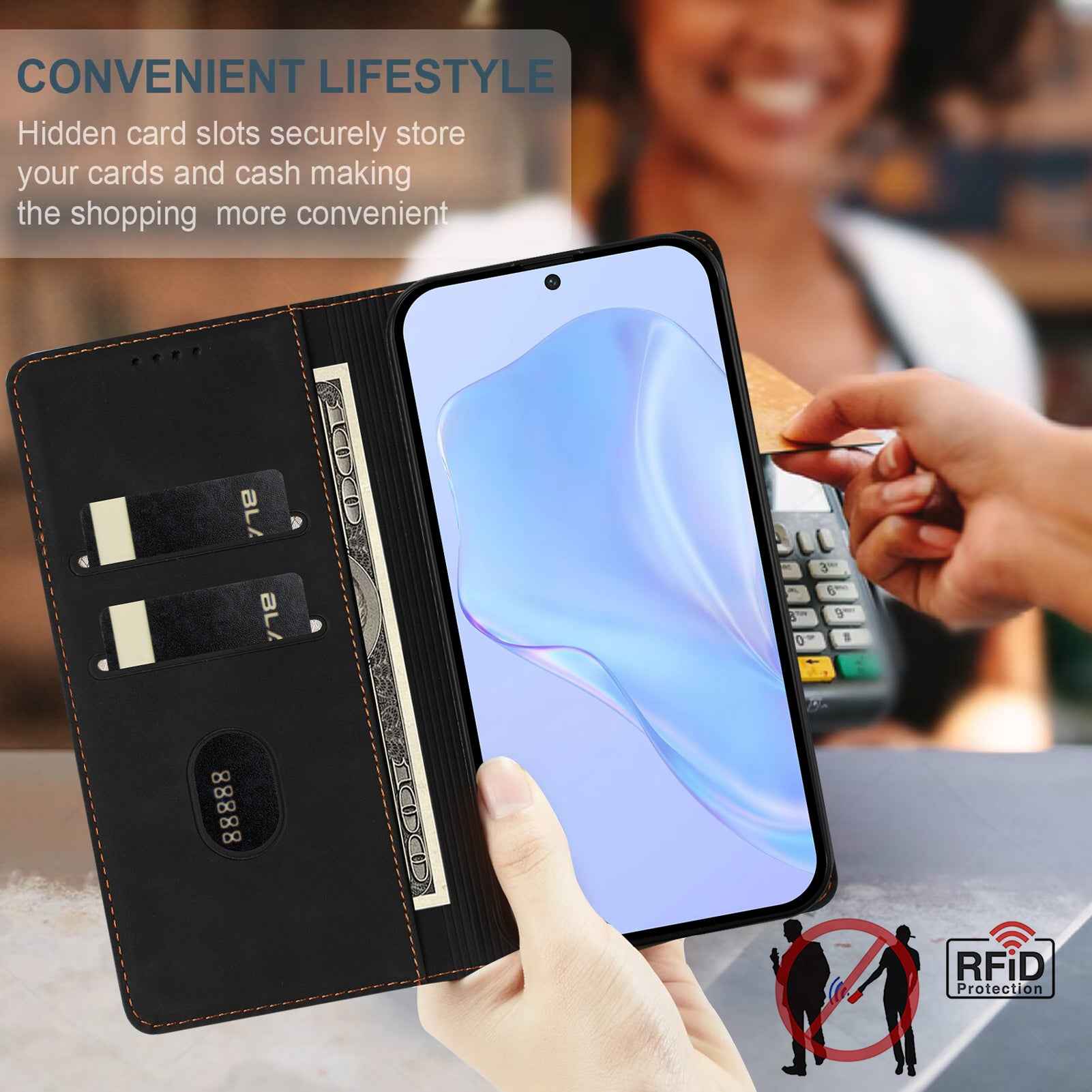 For Samsung Galaxy A57 5G Case HX RFID Blocking Wallet Stand Leather Flip Phone Cover - Black