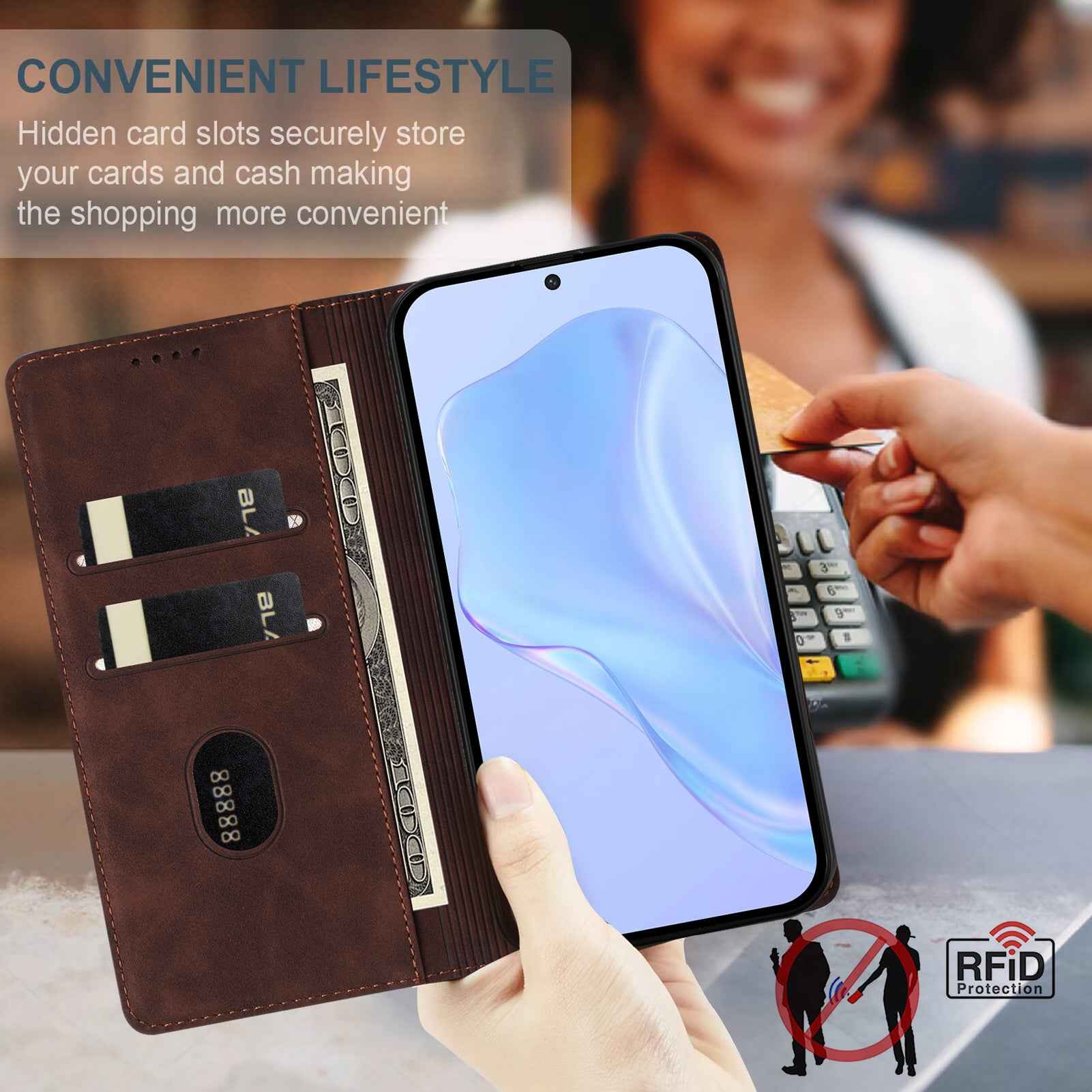 For Samsung Galaxy A57 5G Case HX RFID Blocking Wallet Stand Leather Flip Phone Cover - Brown