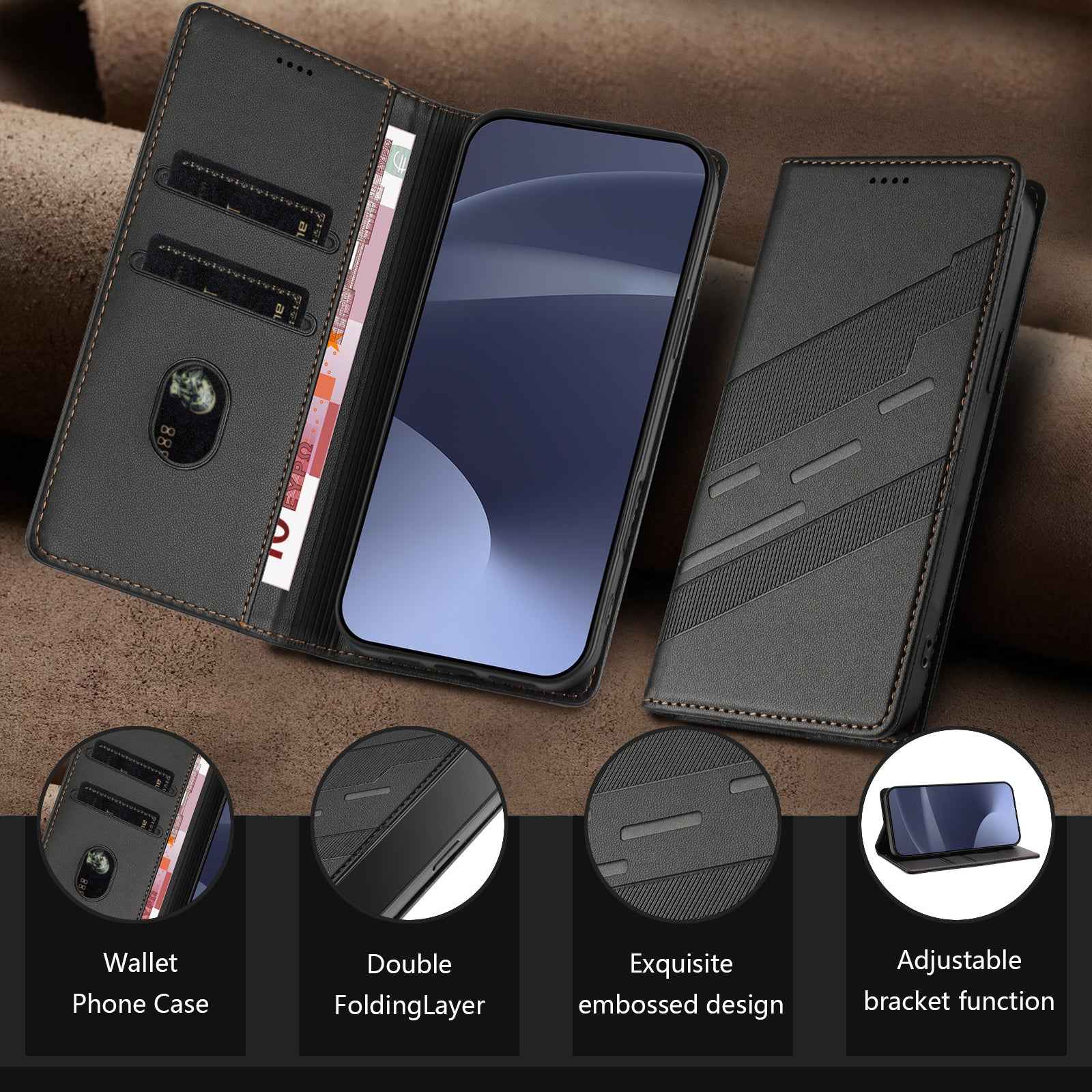 For Samsung Galaxy A57 5G Phone Cases Punk Style Imprinted Wallet Stand Leather Cover - Black