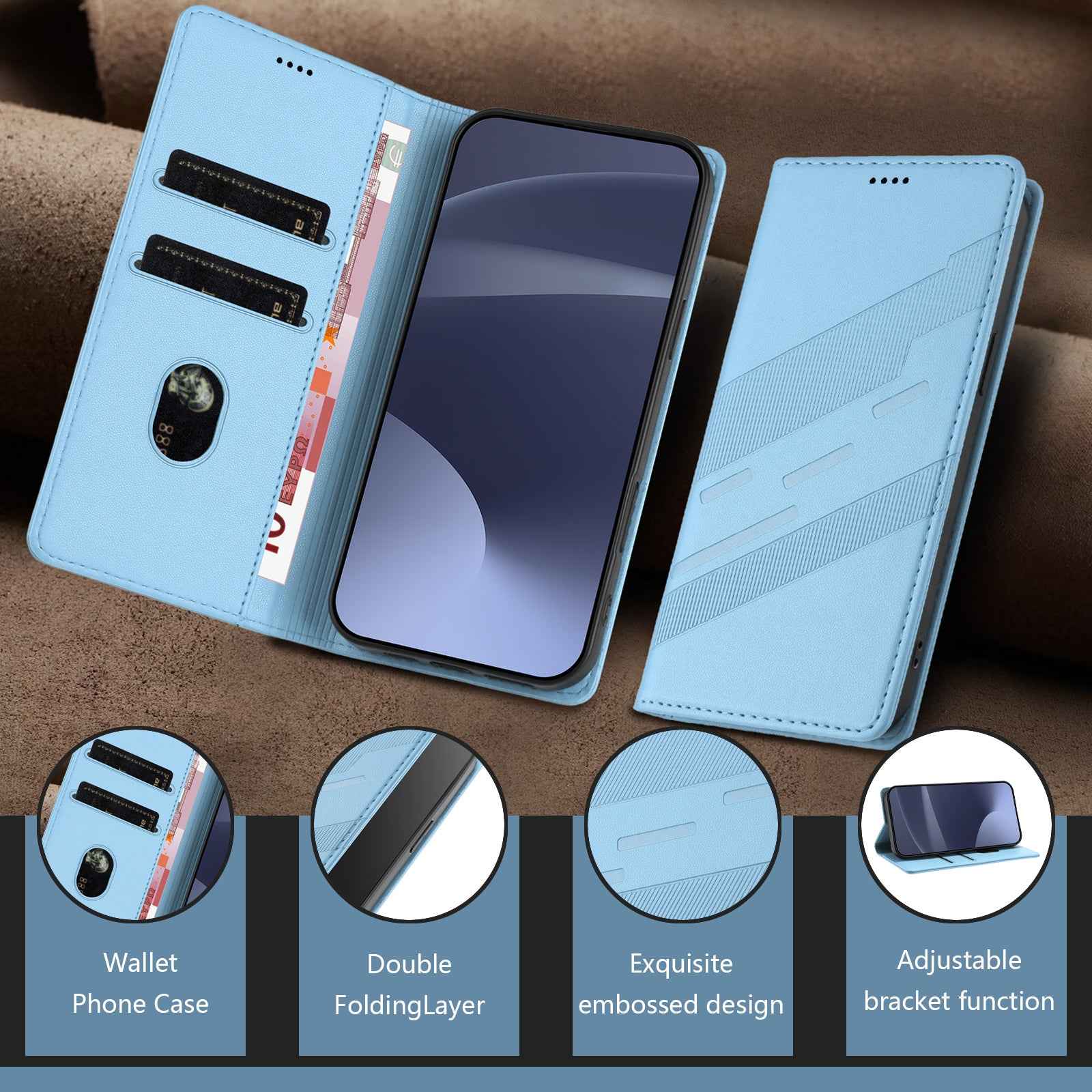 For Samsung Galaxy A57 5G Phone Cases Punk Style Imprinted Wallet Stand Leather Cover - Baby Blue