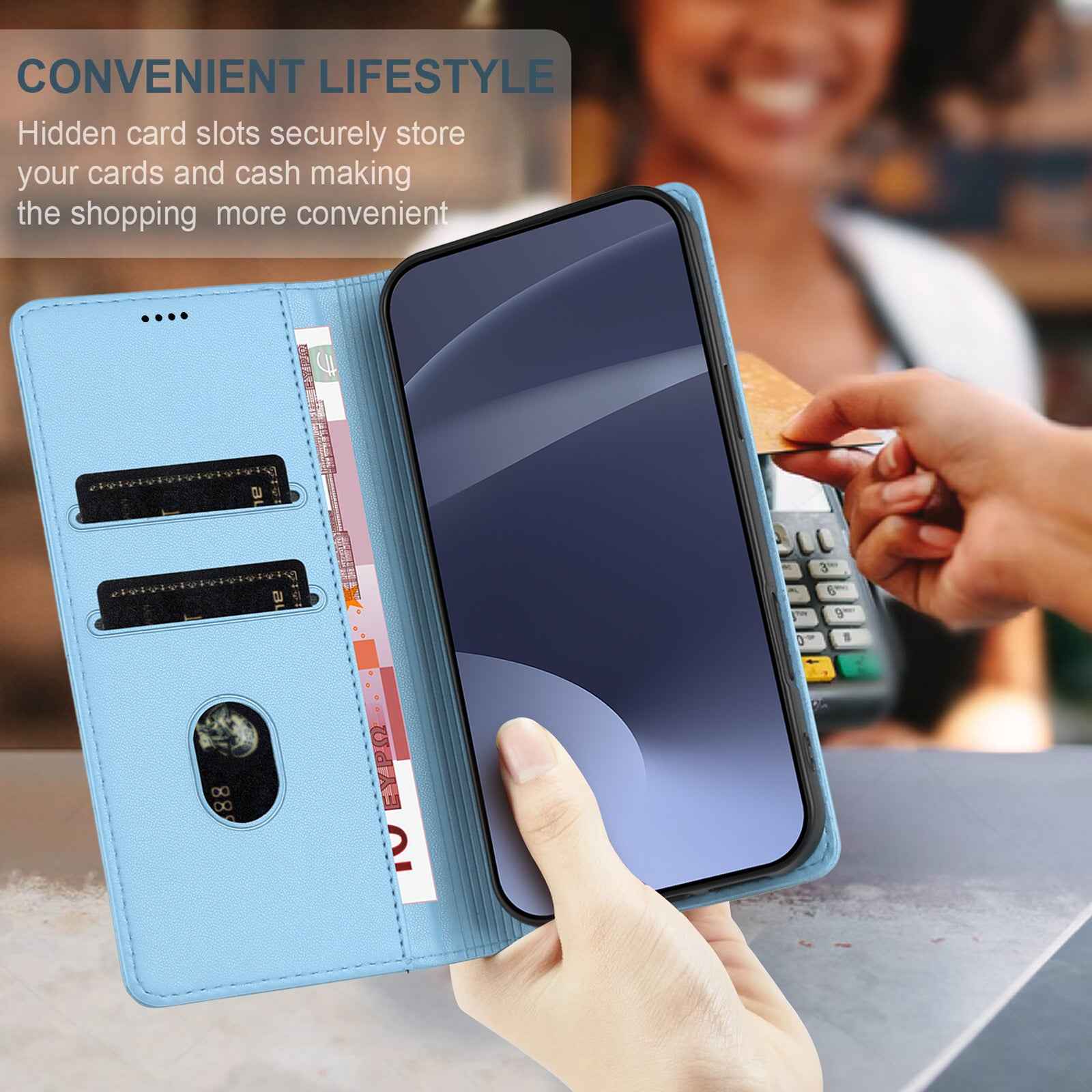 For Samsung Galaxy A57 5G Phone Cases Punk Style Imprinted Wallet Stand Leather Cover - Baby Blue