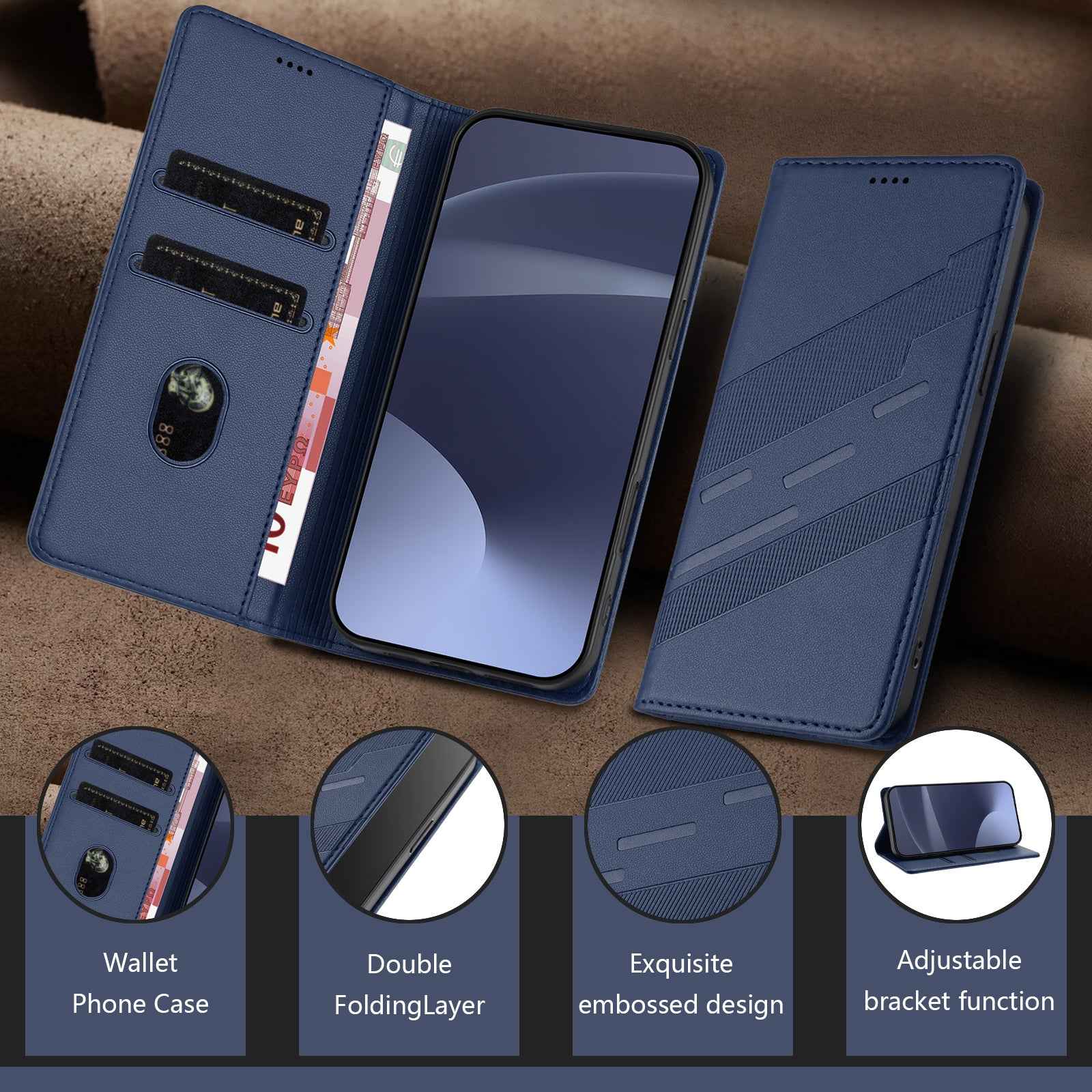 For Samsung Galaxy A57 5G Phone Cases Punk Style Imprinted Wallet Stand Leather Cover - Dark Blue
