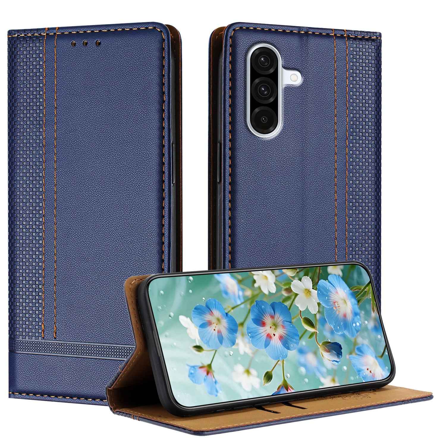 For Samsung Galaxy A57 5G Case L-Shaped Grid Pattern Leather Stand Phone Cover with Card Slots - Blue