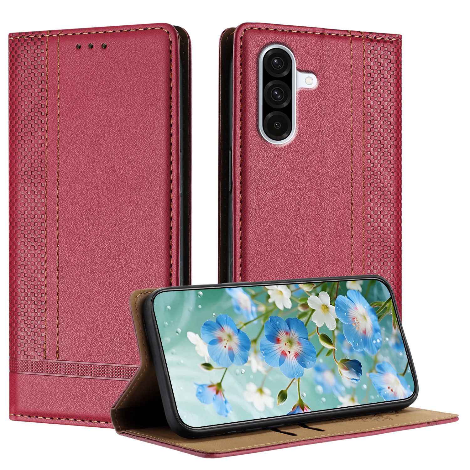 For Samsung Galaxy A57 5G Case L-Shaped Grid Pattern Leather Stand Phone Cover with Card Slots - Red