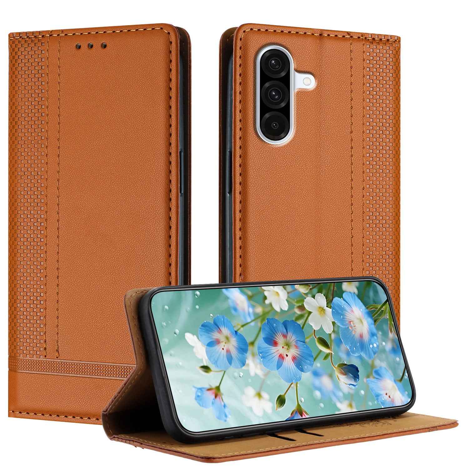 For Samsung Galaxy A57 5G Case L-Shaped Grid Pattern Leather Stand Phone Cover with Card Slots - Brown