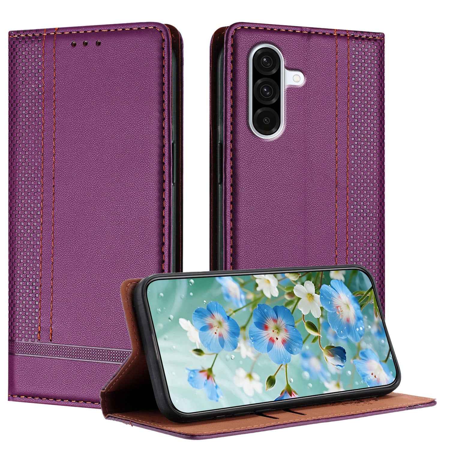 For Samsung Galaxy A57 5G Case L-Shaped Grid Pattern Leather Stand Phone Cover with Card Slots - Purple