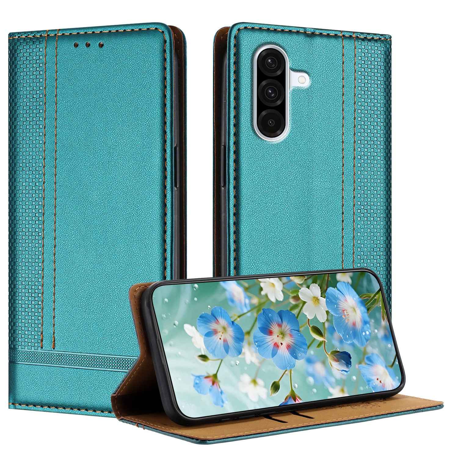For Samsung Galaxy A57 5G Case L-Shaped Grid Pattern Leather Stand Phone Cover with Card Slots - Green