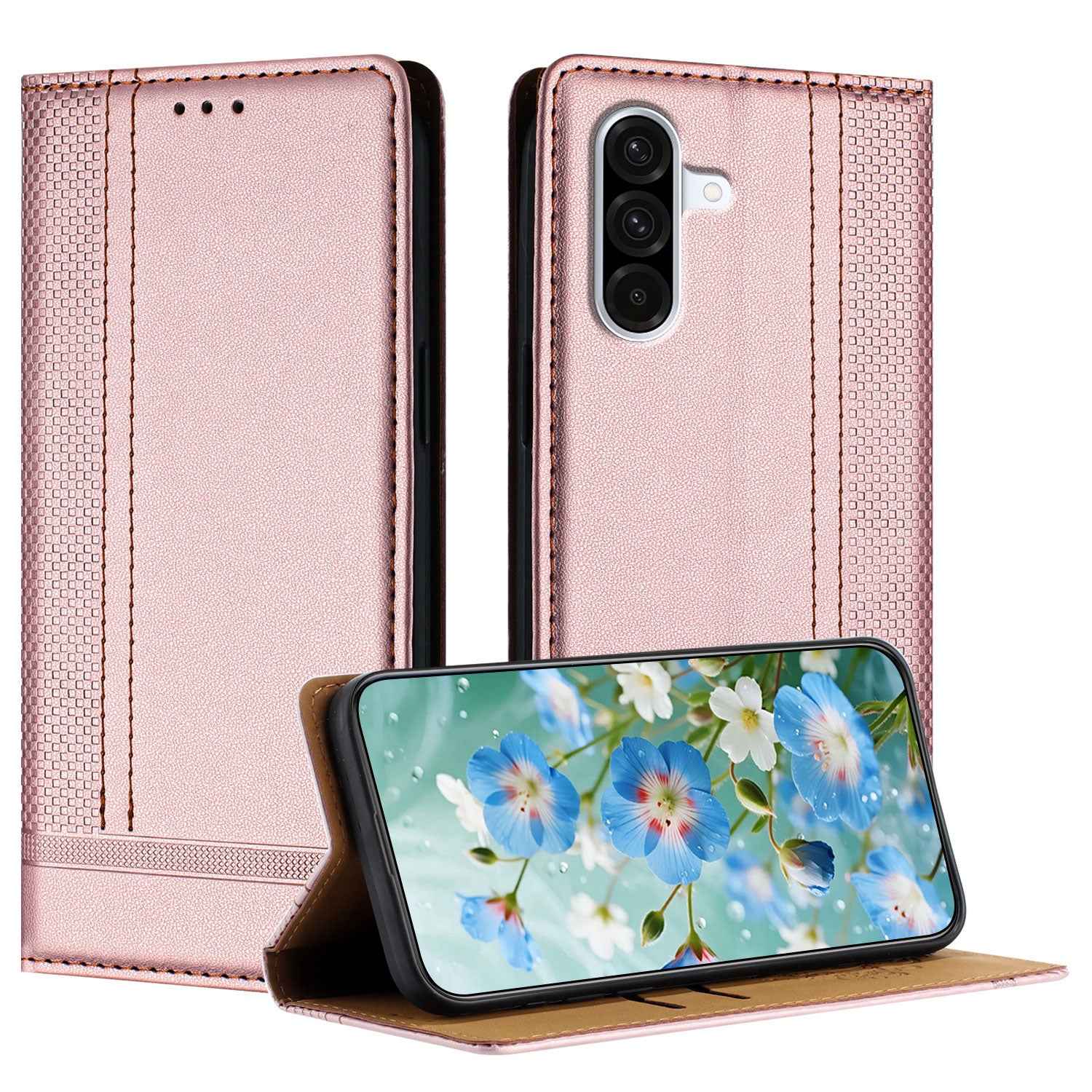 For Samsung Galaxy A57 5G Case L-Shaped Grid Pattern Leather Stand Phone Cover with Card Slots - Rose Gold