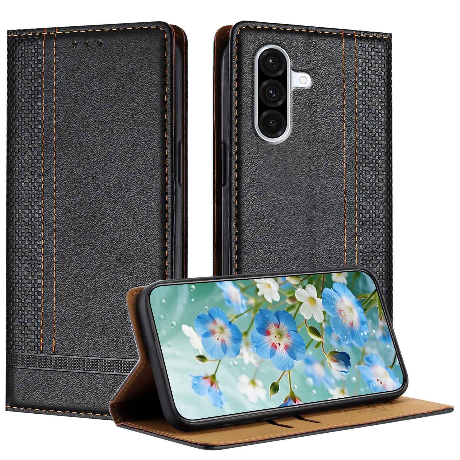 For Samsung Galaxy A57 5G Case L-Shaped Grid Pattern Leather Stand Phone Cover with Card Slots - Black