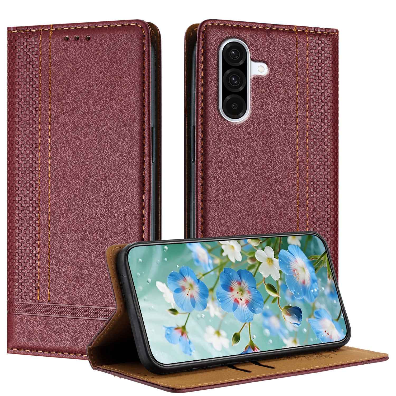 For Samsung Galaxy A57 5G Case L-Shaped Grid Pattern Leather Stand Phone Cover with Card Slots - Wine Red