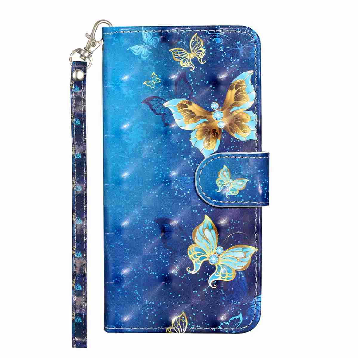 For Samsung Galaxy A57 5G Wallet Case 3D Pattern Printed Leather Phone Cover with Strap - Blue Gold Butterflies