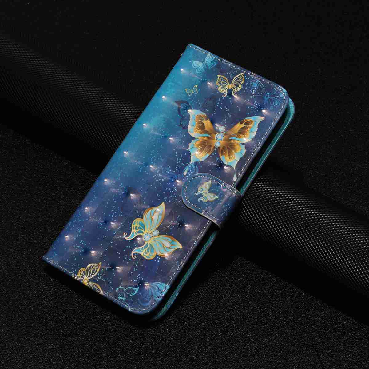 For Samsung Galaxy A57 5G Wallet Case 3D Pattern Printed Leather Phone Cover with Strap - Blue Gold Butterflies