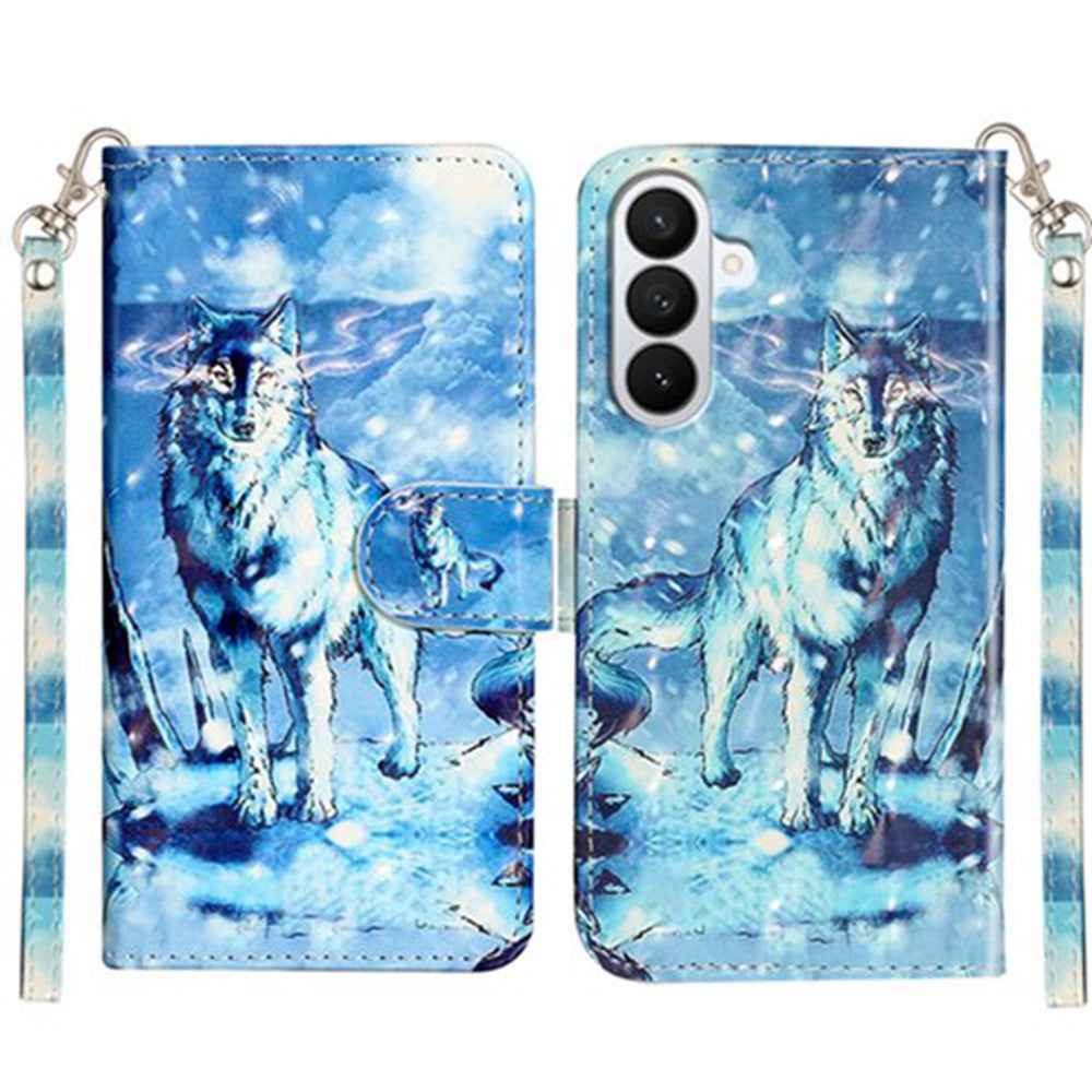 For Samsung Galaxy A57 5G Wallet Case 3D Pattern Printed Leather Phone Cover with Strap - Snow Wolf