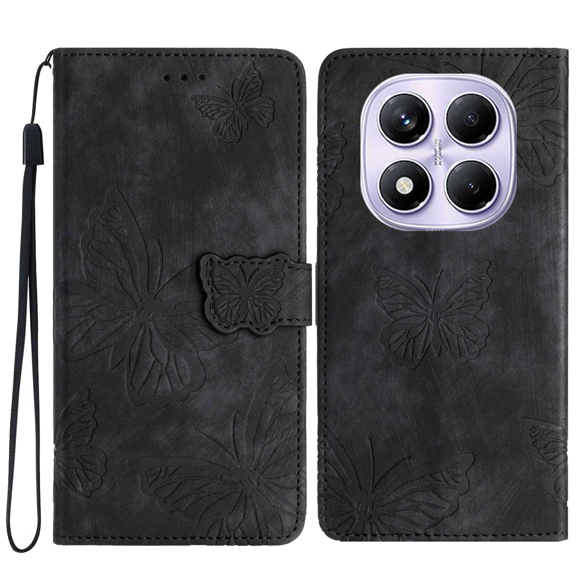 For Xiaomi Redmi Note 15 4G (Global) / Xiaomi Poco M8 5G / Xiaomi Redmi Note 15 5G (Global) Case Butterfly Design Flip Wallet Leather Phone Cover Skin-Touch - Black
