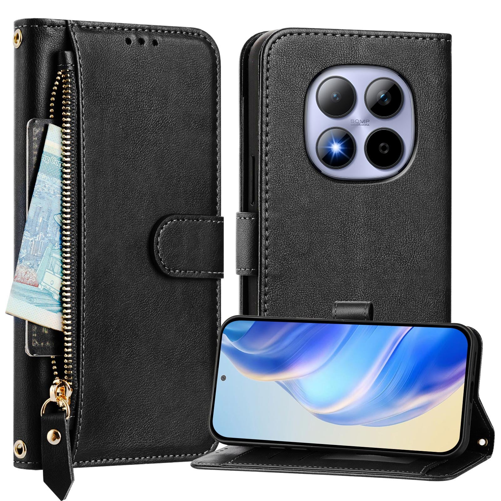 For Xiaomi Redmi Note 15 Pro 4G (Global) Case Zipper Pocket Multiple Card Slots Leather Phone Cover - Black