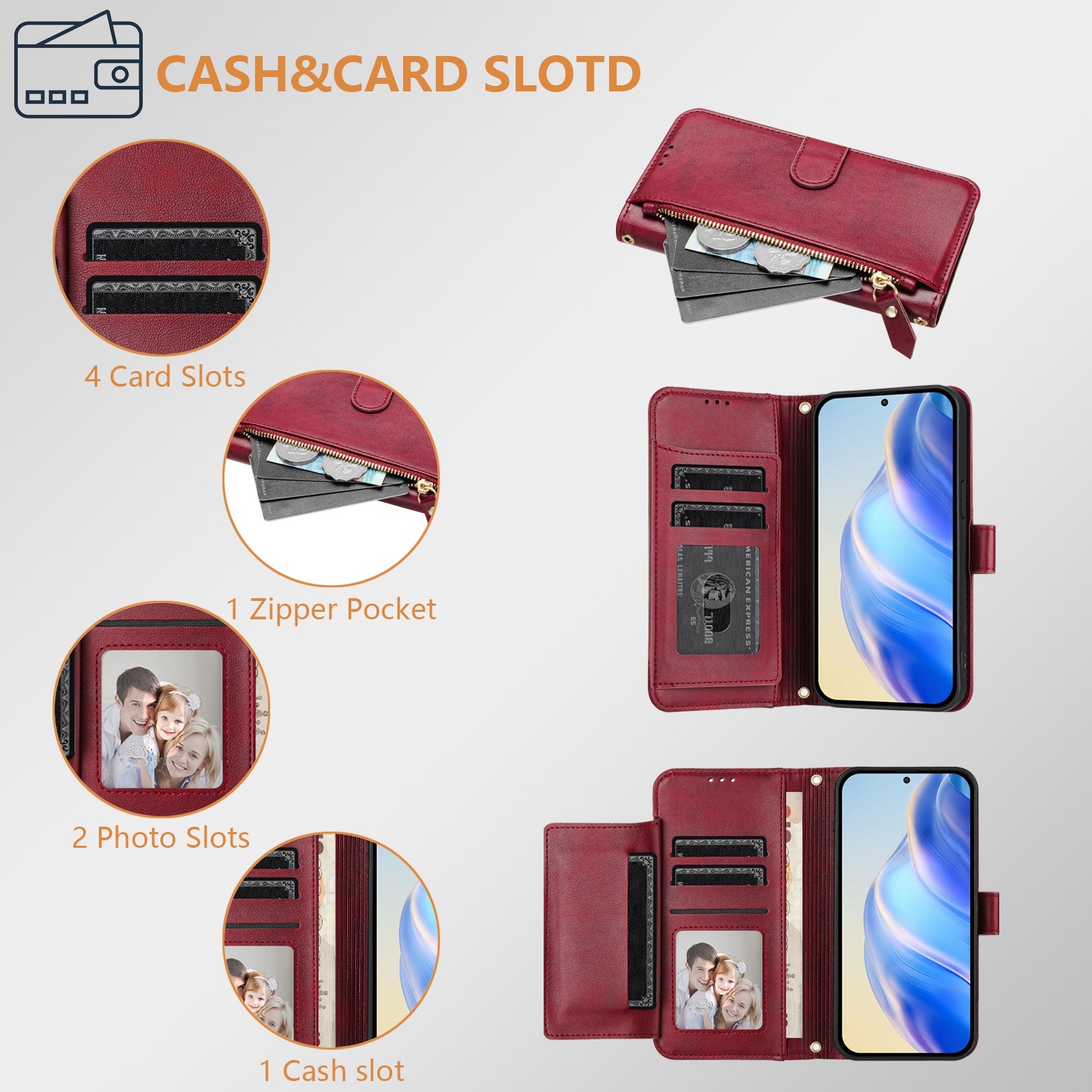 For Xiaomi Redmi Note 15 Pro 4G (Global) Case Zipper Pocket Multiple Card Slots Leather Phone Cover - Red