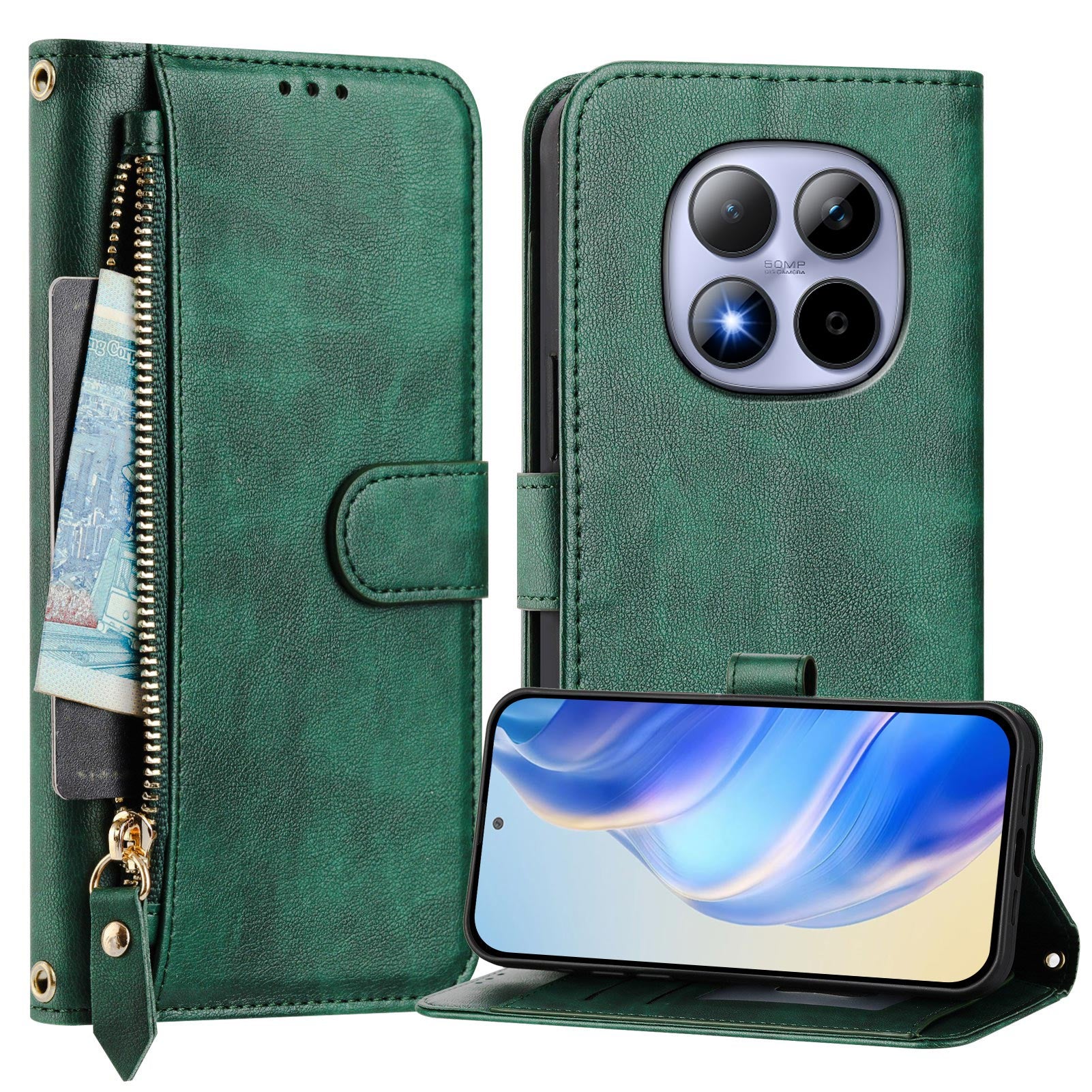 For Xiaomi Redmi Note 15 Pro 4G (Global) Case Zipper Pocket Multiple Card Slots Leather Phone Cover - Green