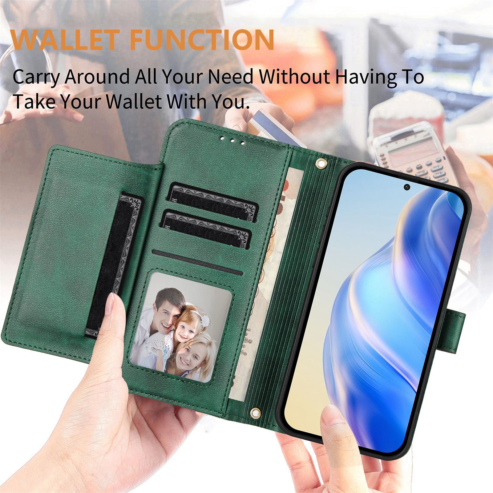 For Xiaomi Redmi Note 15 Pro 4G (Global) Case Zipper Pocket Multiple Card Slots Leather Phone Cover - Green