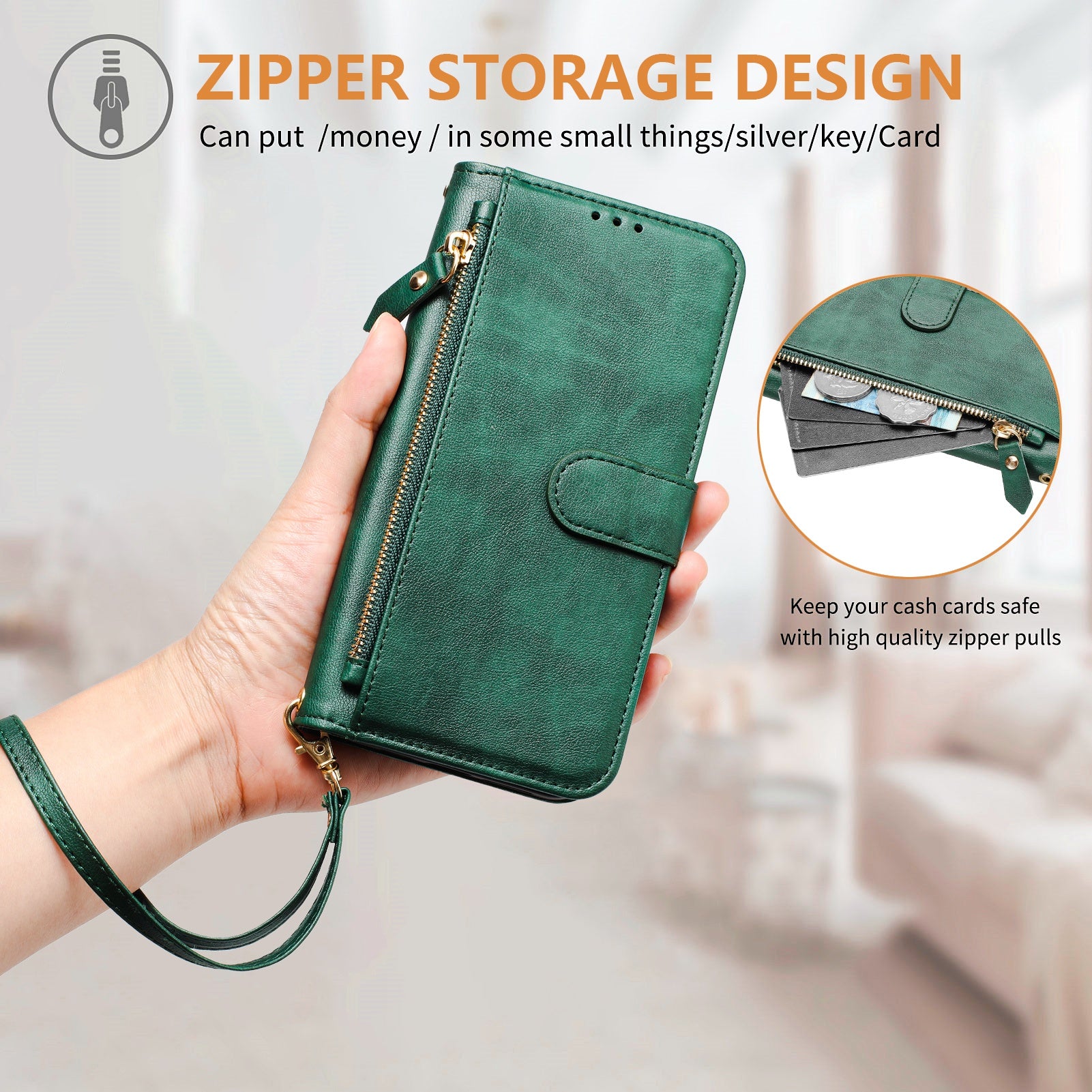 For Xiaomi Redmi Note 15 Pro 4G (Global) Case Zipper Pocket Multiple Card Slots Leather Phone Cover - Green