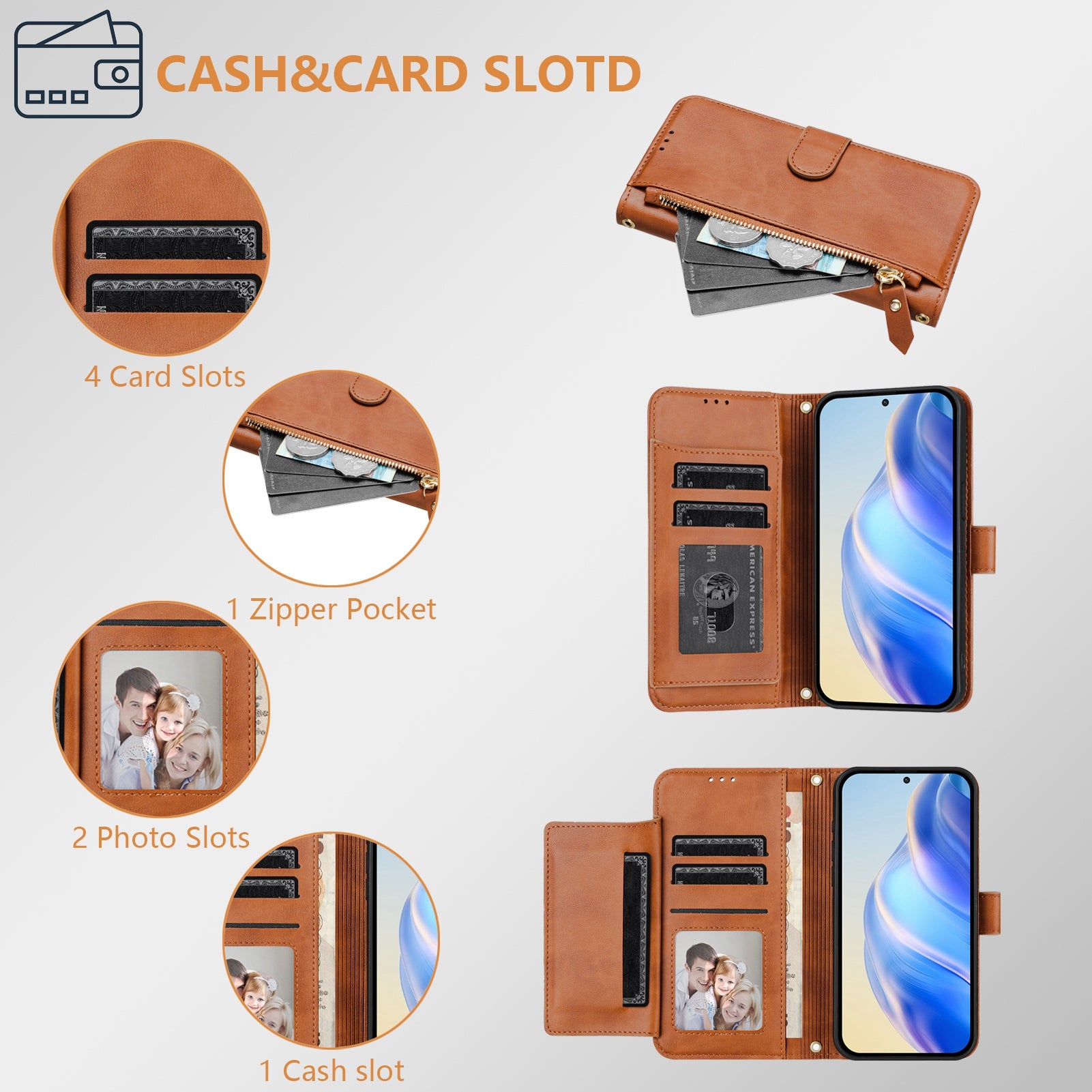 For Xiaomi Redmi Note 15 Pro 4G (Global) Case Zipper Pocket Multiple Card Slots Leather Phone Cover - Brown