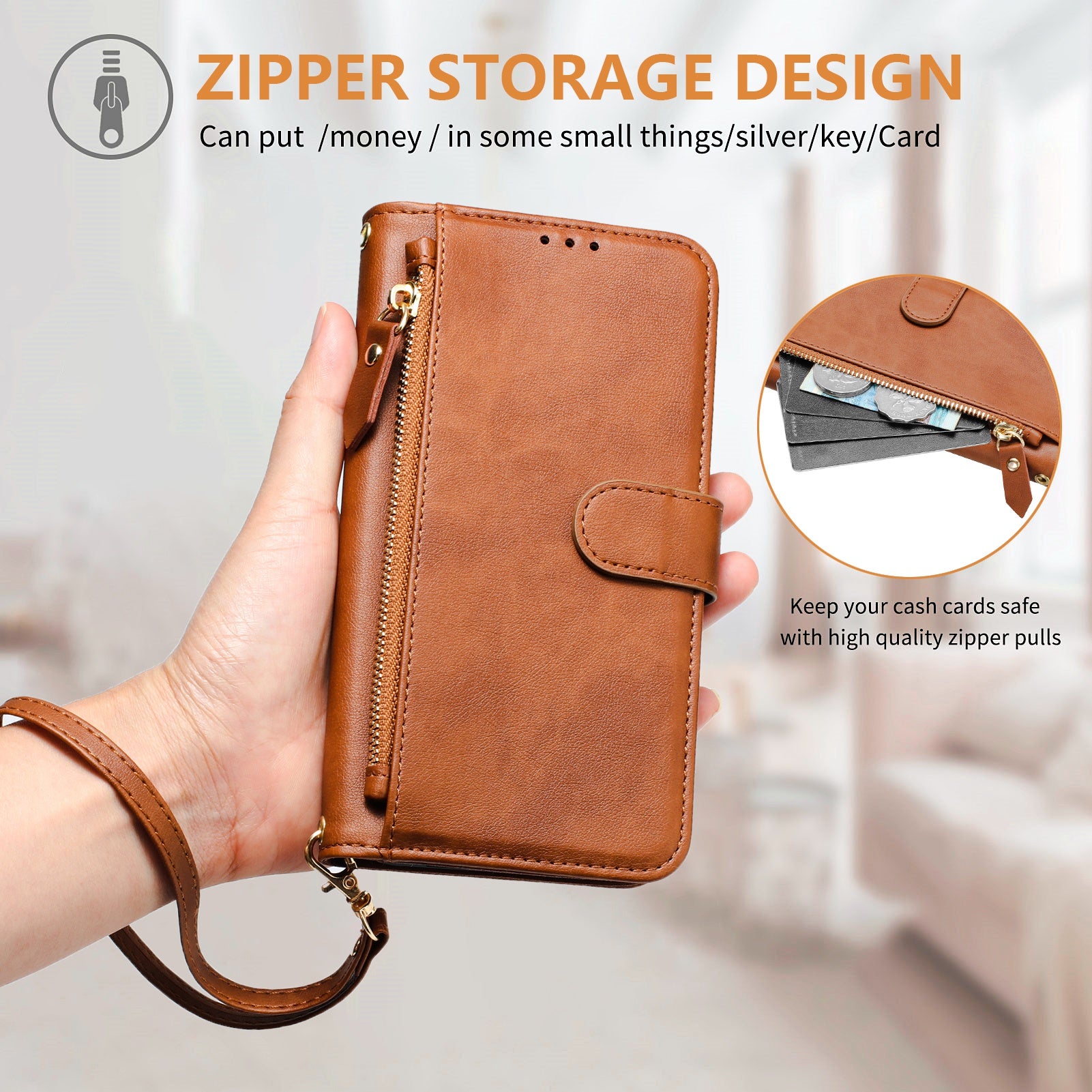 For Xiaomi Redmi Note 15 Pro 4G (Global) Case Zipper Pocket Multiple Card Slots Leather Phone Cover - Brown