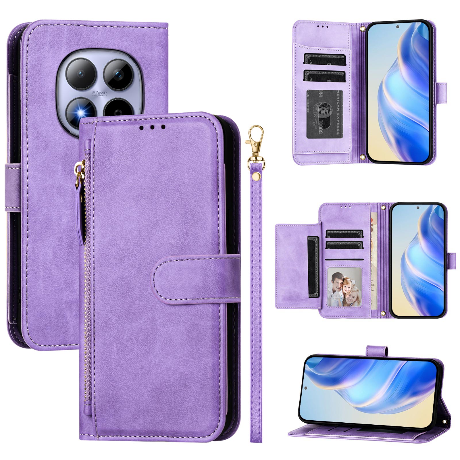 For Xiaomi Redmi Note 15 Pro 4G (Global) Case Zipper Pocket Multiple Card Slots Leather Phone Cover - Purple