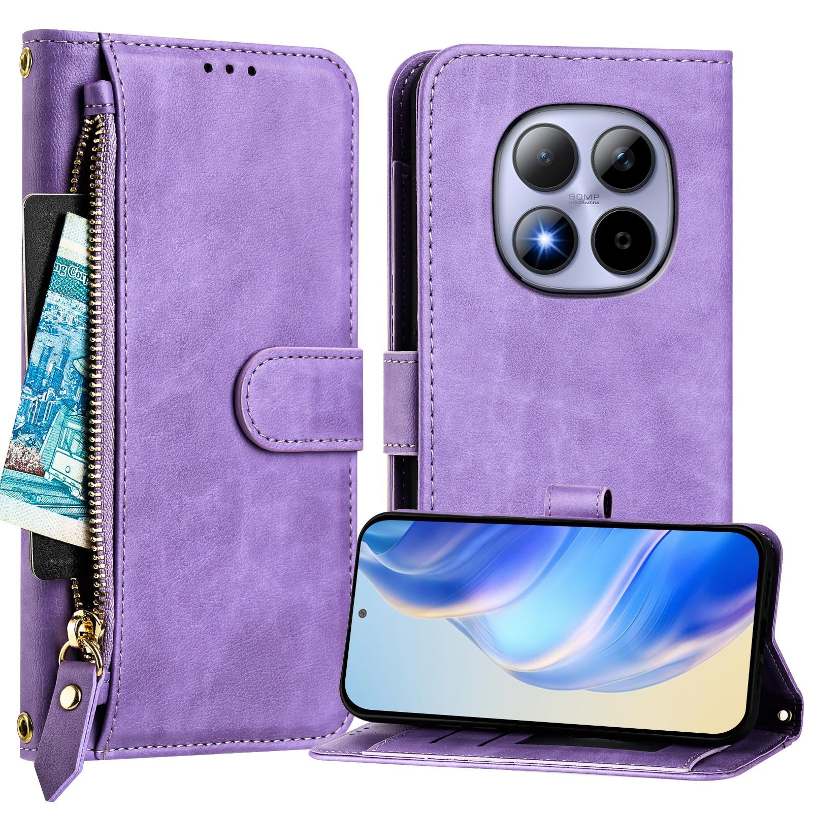 For Xiaomi Redmi Note 15 Pro 4G (Global) Case Zipper Pocket Multiple Card Slots Leather Phone Cover - Purple