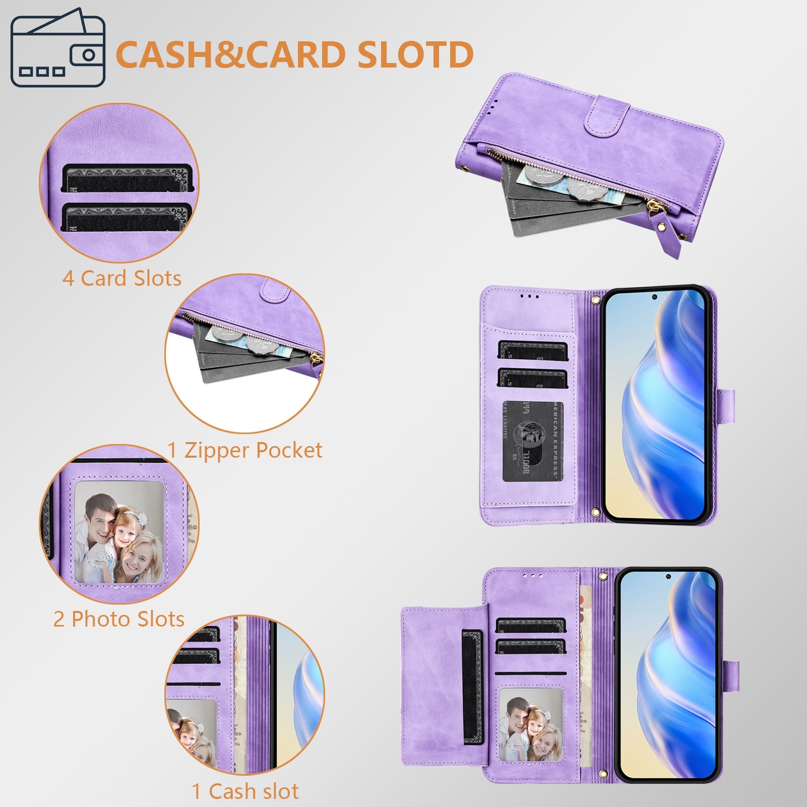 For Xiaomi Redmi Note 15 Pro 4G (Global) Case Zipper Pocket Multiple Card Slots Leather Phone Cover - Purple