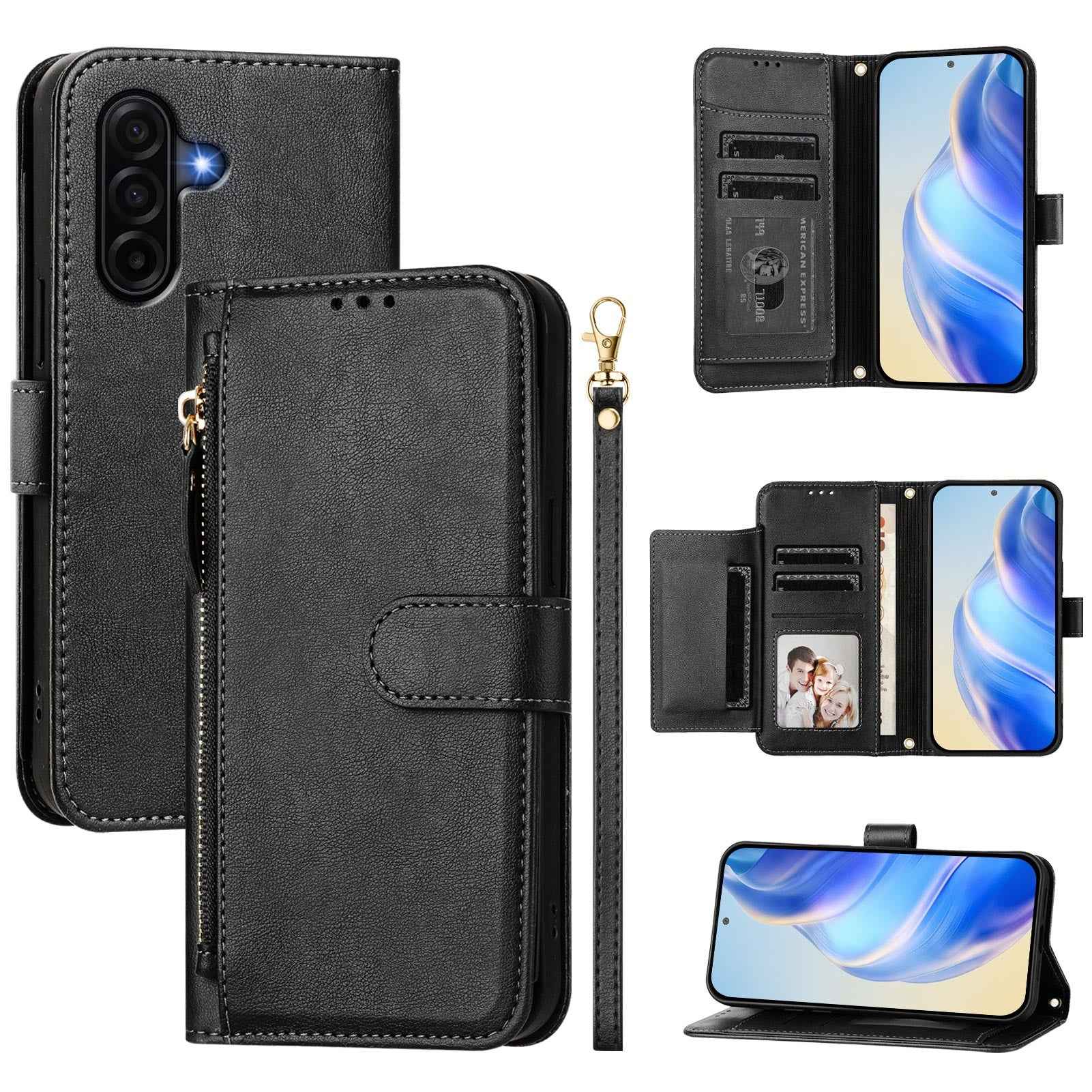 For Samsung Galaxy A57 5G Case Zipper Pocket Multiple Card Slots Leather Phone Cover - Black