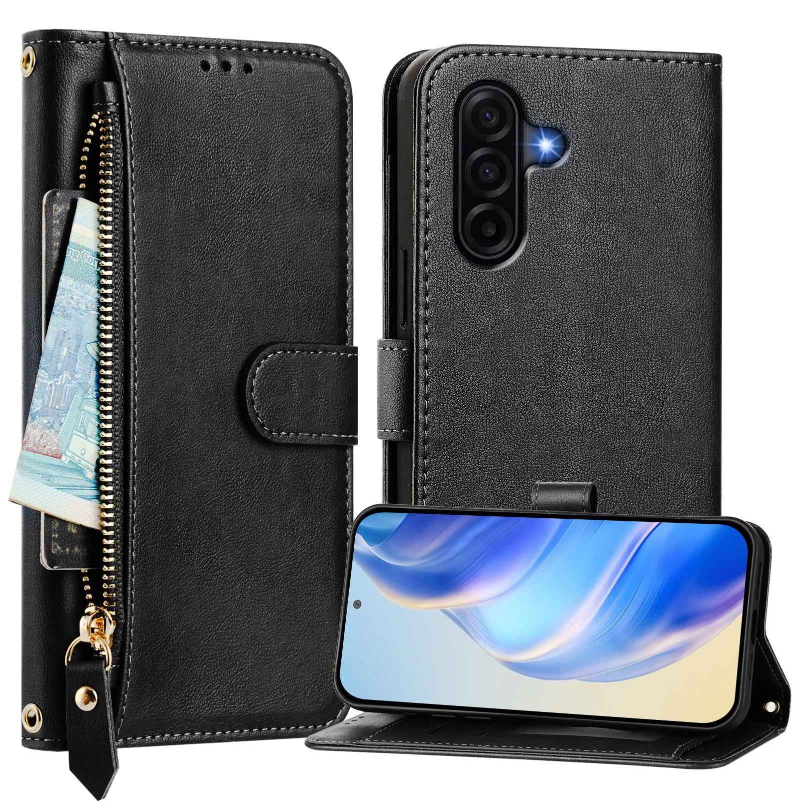 For Samsung Galaxy A57 5G Case Zipper Pocket Multiple Card Slots Leather Phone Cover - Black