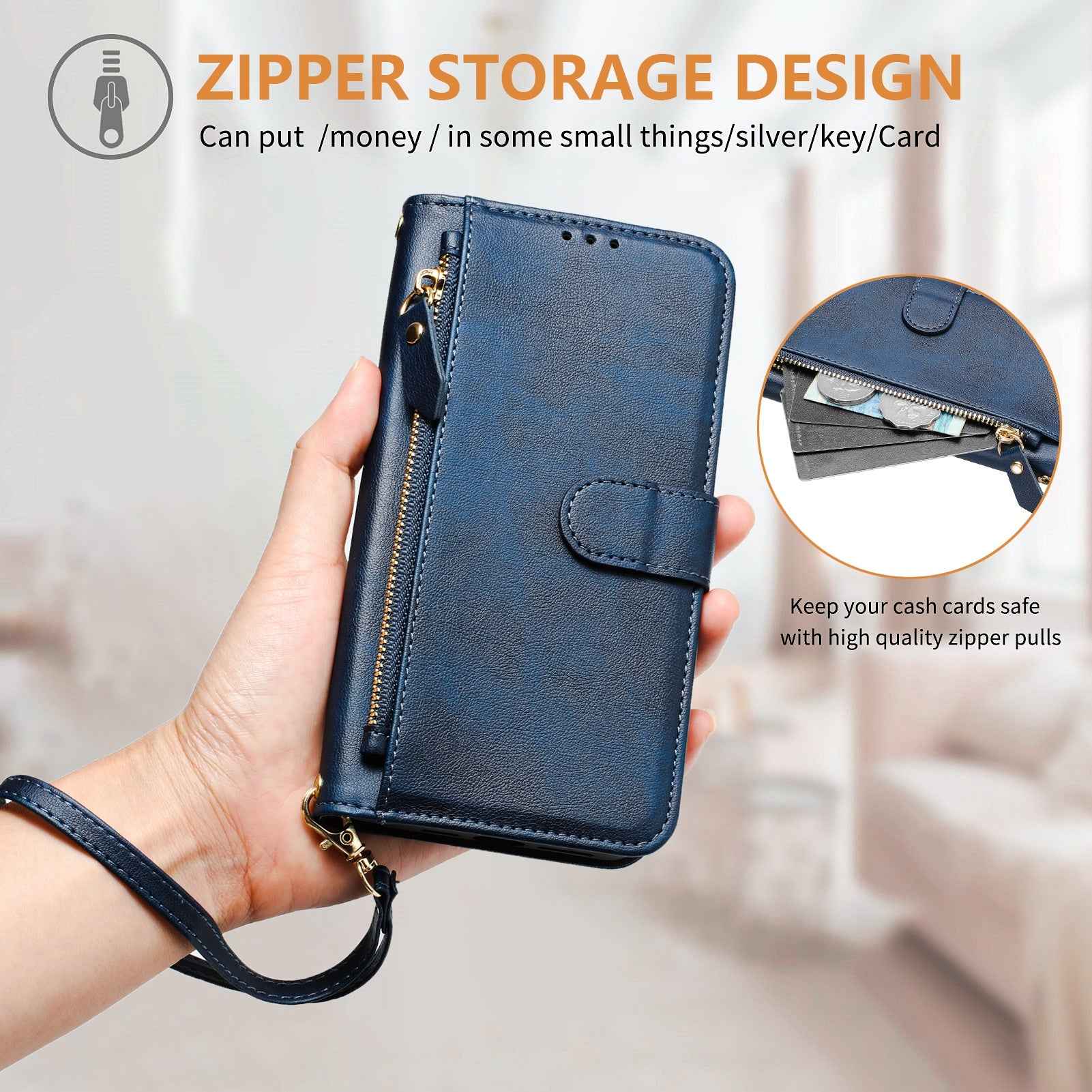 For Samsung Galaxy A57 5G Case Zipper Pocket Multiple Card Slots Leather Phone Cover - Blue