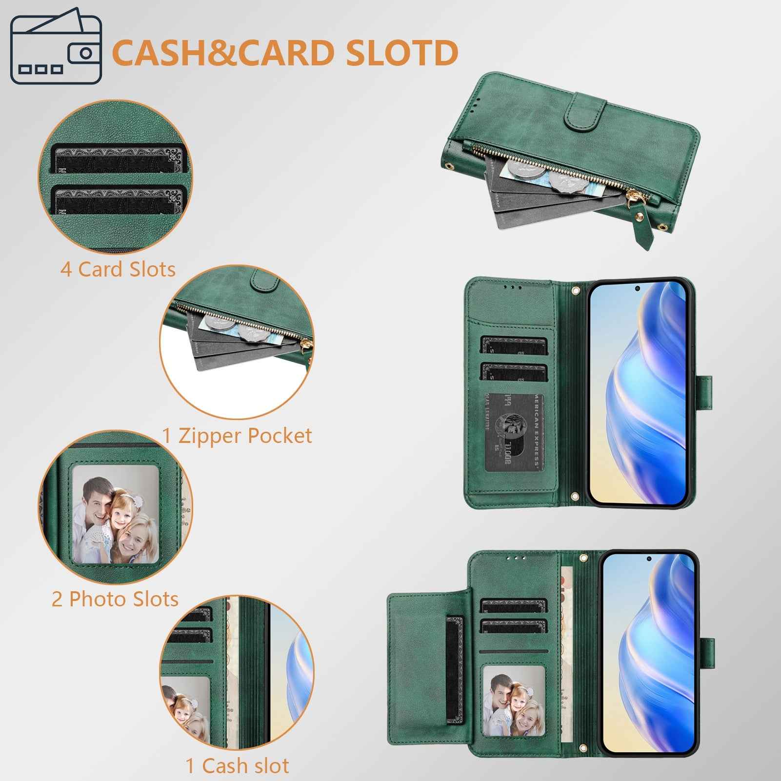 For Samsung Galaxy A57 5G Case Zipper Pocket Multiple Card Slots Leather Phone Cover - Green
