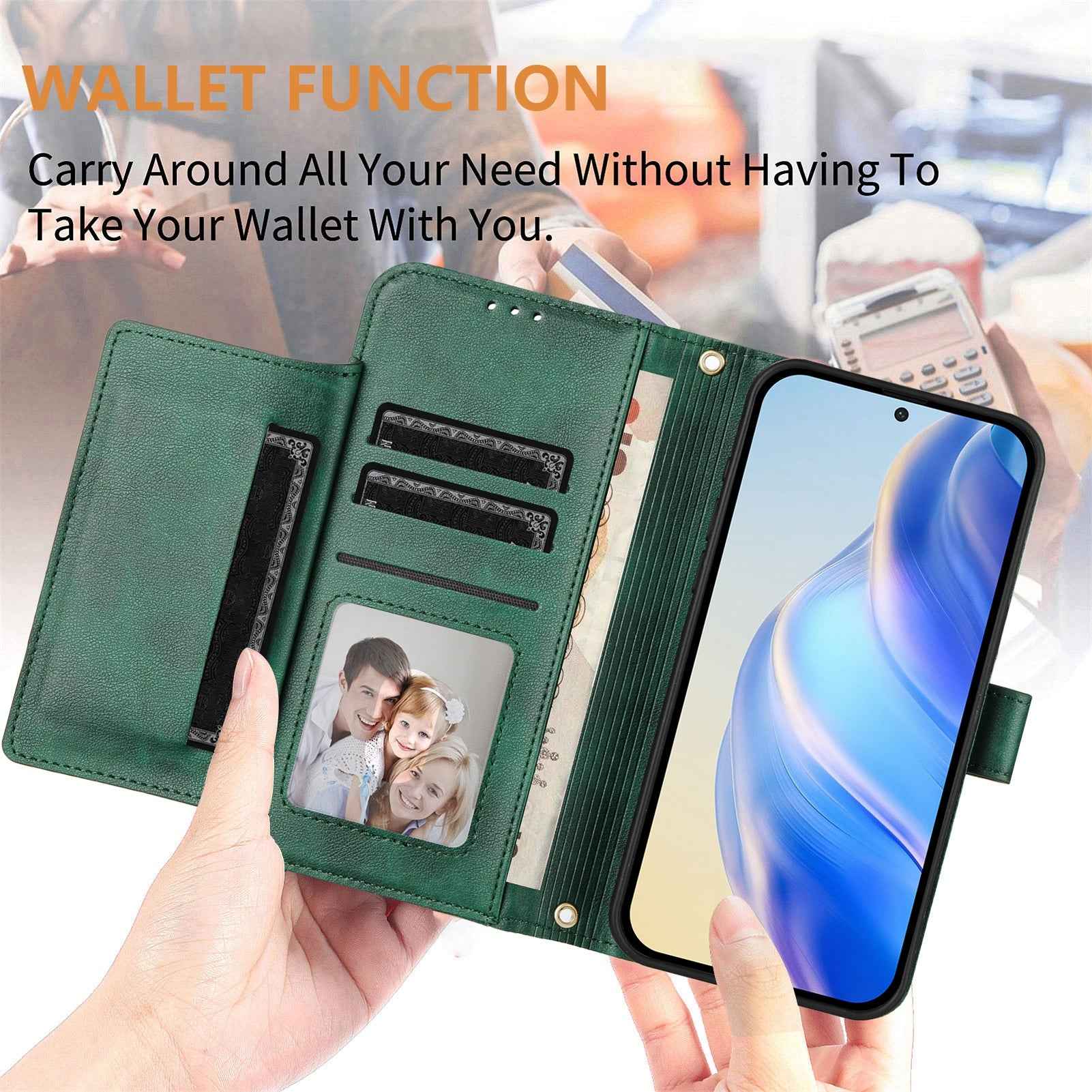 For Samsung Galaxy A57 5G Case Zipper Pocket Multiple Card Slots Leather Phone Cover - Green