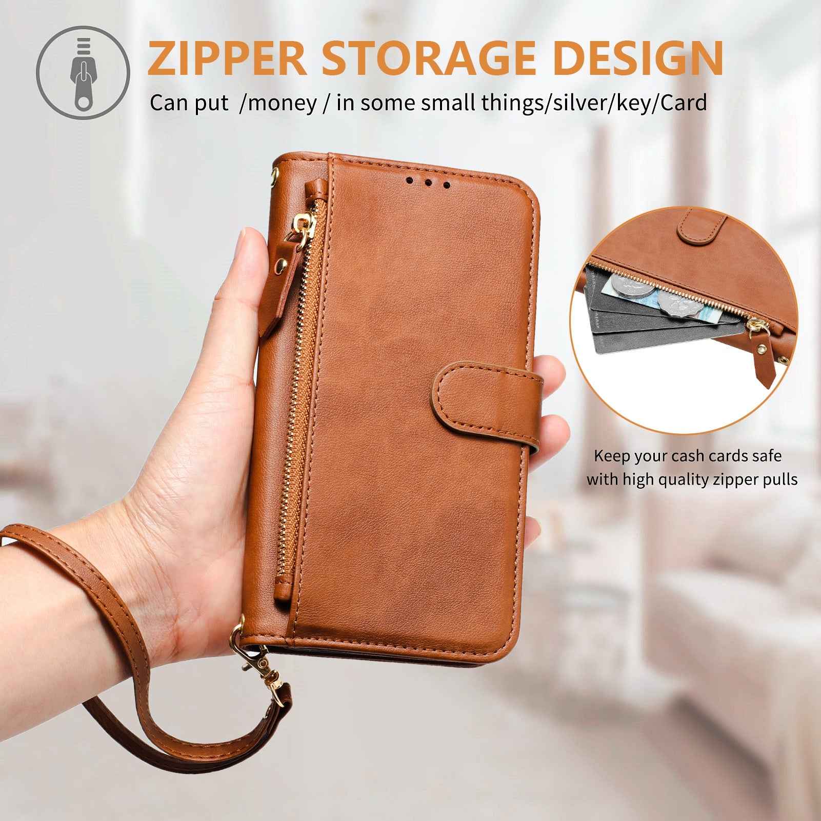 For Samsung Galaxy A57 5G Case Zipper Pocket Multiple Card Slots Leather Phone Cover - Brown
