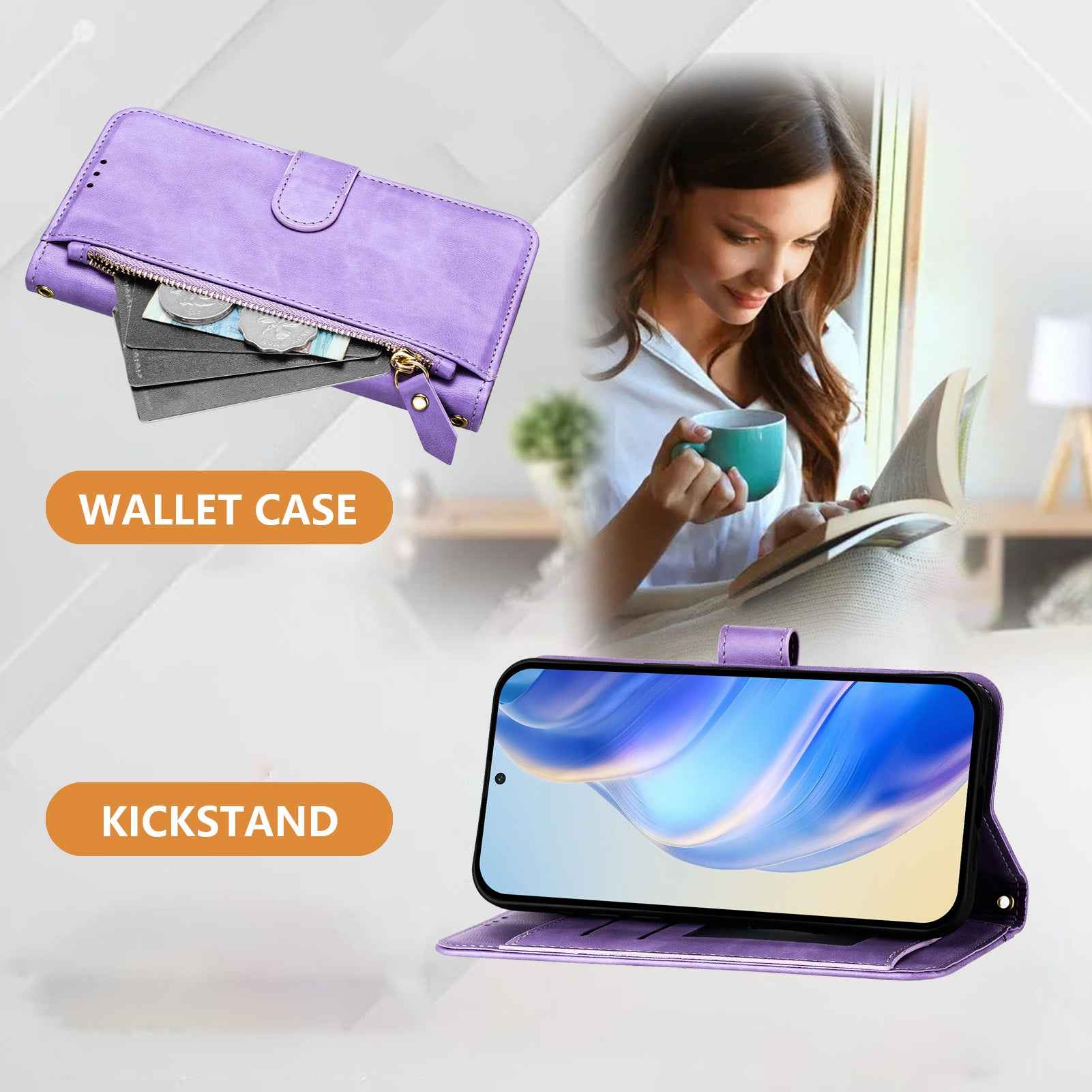 For Samsung Galaxy A57 5G Case Zipper Pocket Multiple Card Slots Leather Phone Cover - Purple
