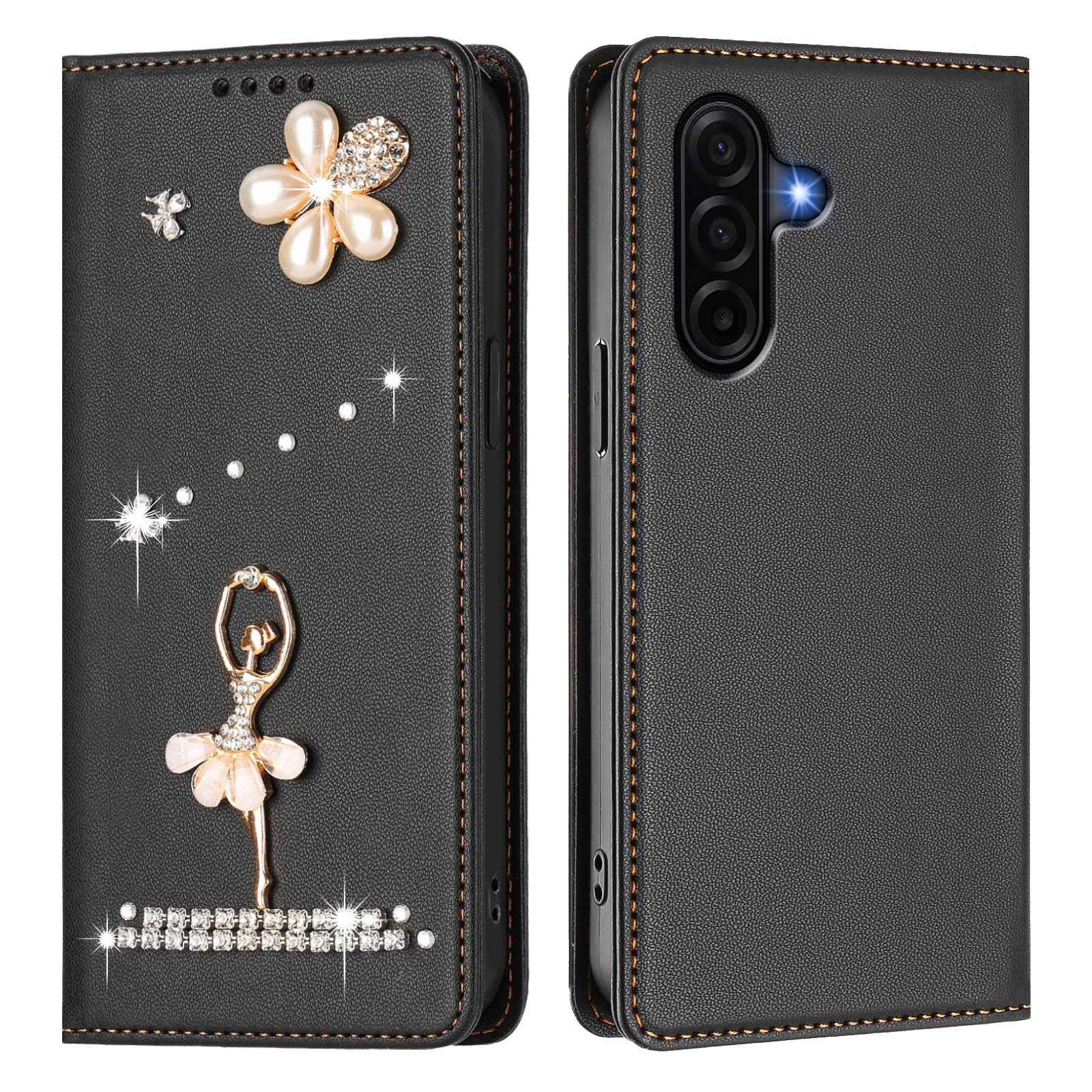 For Samsung Galaxy A57 5G Leather Case RFID Blocking Wallet Stand Rhinestones Ballet Dancer Flip Phone Cover - Black