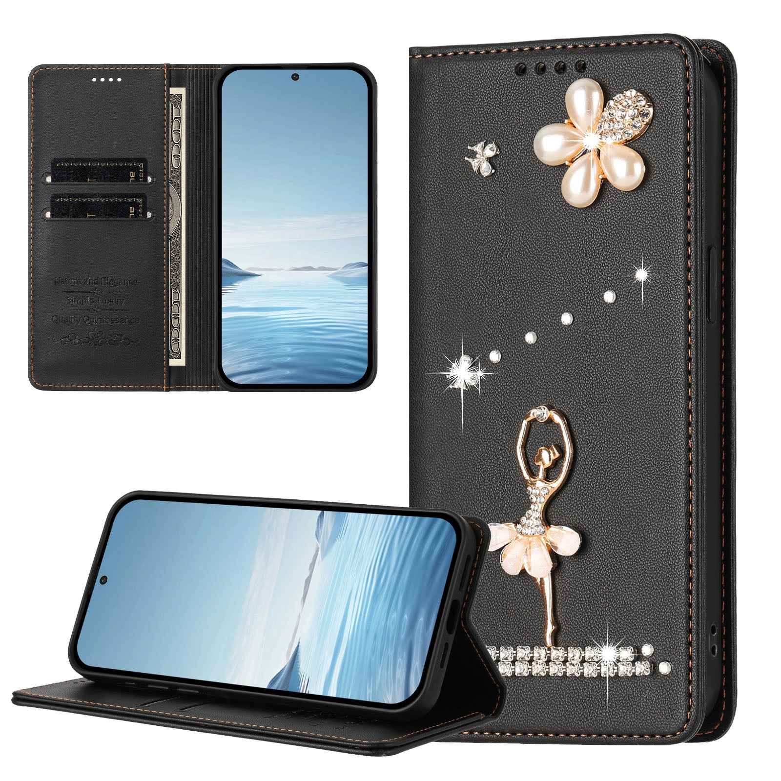 For Samsung Galaxy A57 5G Leather Case RFID Blocking Wallet Stand Rhinestones Ballet Dancer Flip Phone Cover - Black