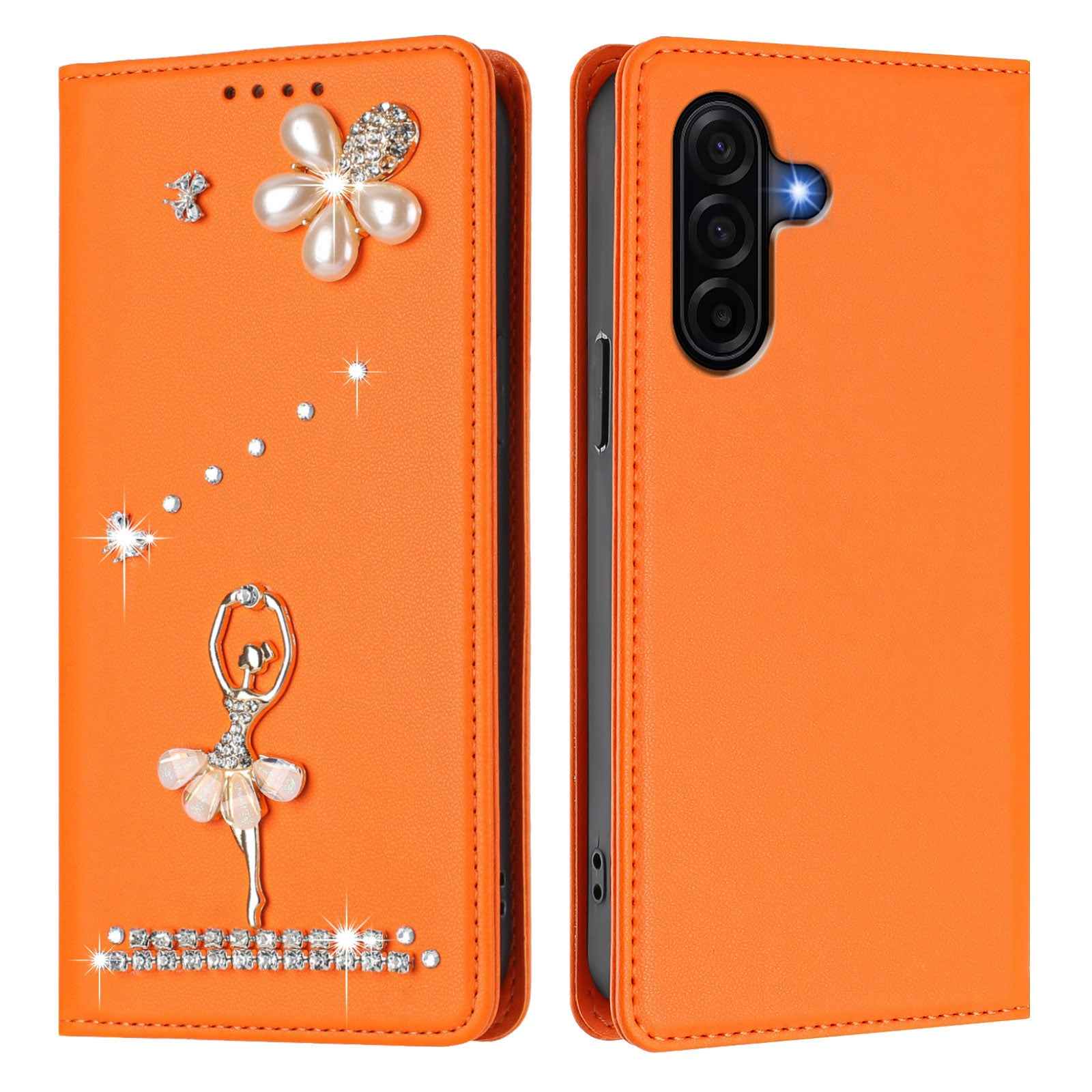 For Samsung Galaxy A57 5G Leather Case RFID Blocking Wallet Stand Rhinestones Ballet Dancer Flip Phone Cover - Orange