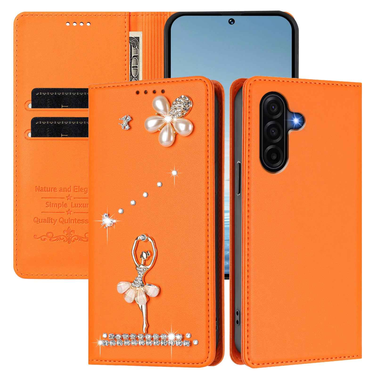 For Samsung Galaxy A57 5G Leather Case RFID Blocking Wallet Stand Rhinestones Ballet Dancer Flip Phone Cover - Orange