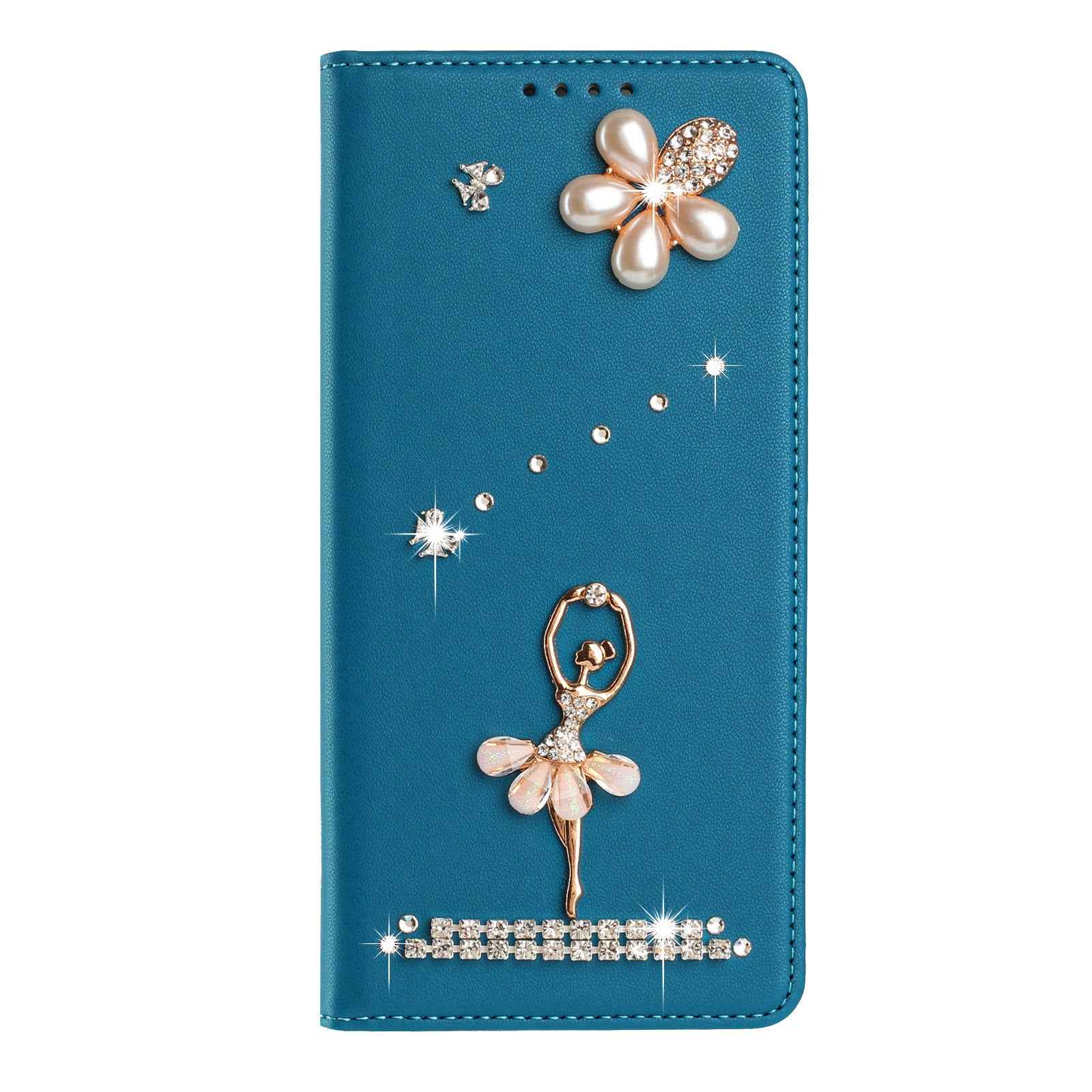 For Samsung Galaxy A57 5G Leather Case RFID Blocking Wallet Stand Rhinestones Ballet Dancer Flip Phone Cover - Lake Blue