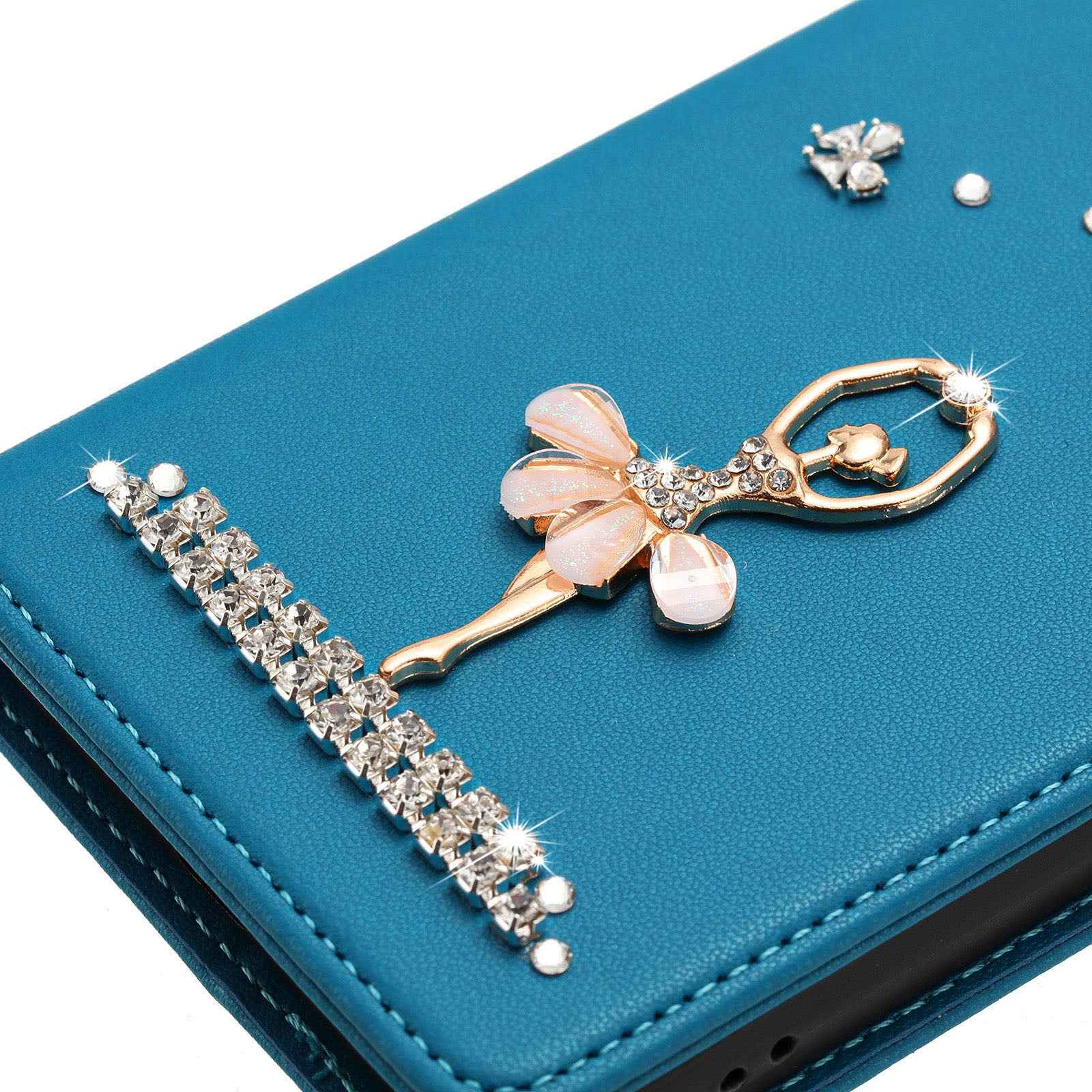 For Samsung Galaxy A57 5G Leather Case RFID Blocking Wallet Stand Rhinestones Ballet Dancer Flip Phone Cover - Lake Blue