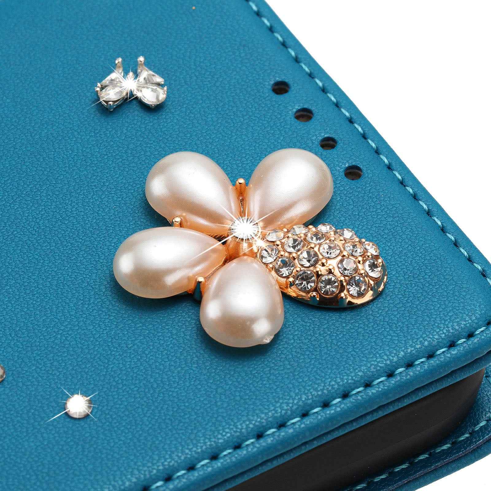 For Samsung Galaxy A57 5G Leather Case RFID Blocking Wallet Stand Rhinestones Ballet Dancer Flip Phone Cover - Lake Blue