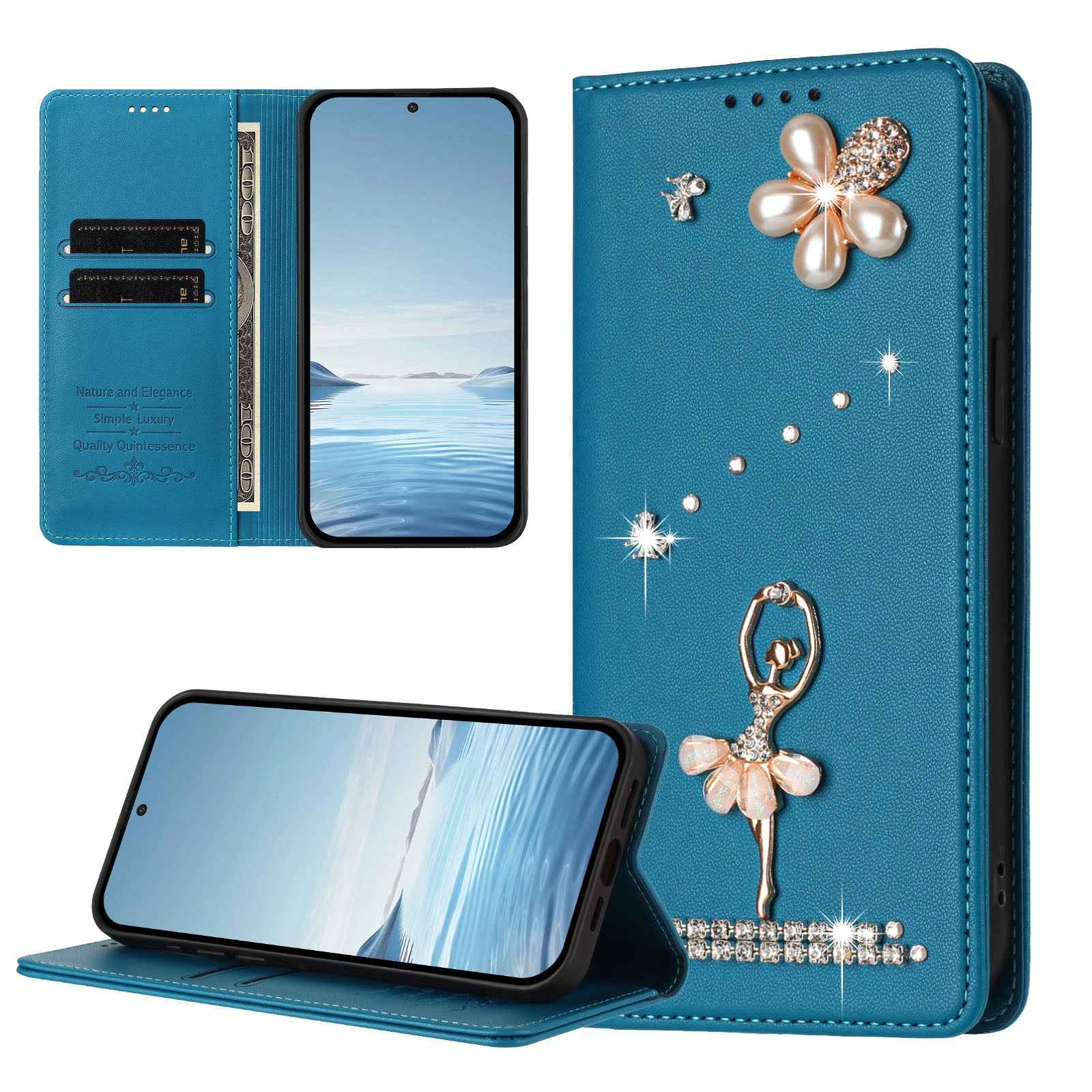 For Samsung Galaxy A57 5G Leather Case RFID Blocking Wallet Stand Rhinestones Ballet Dancer Flip Phone Cover - Lake Blue