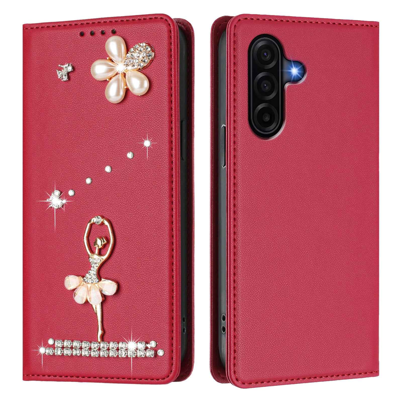 For Samsung Galaxy A57 5G Leather Case RFID Blocking Wallet Stand Rhinestones Ballet Dancer Flip Phone Cover - Wine Red