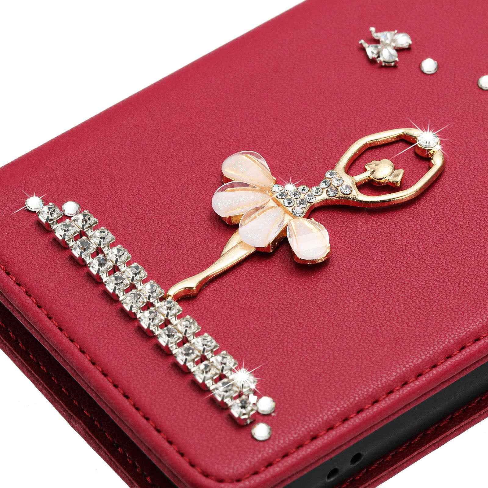 For Samsung Galaxy A57 5G Leather Case RFID Blocking Wallet Stand Rhinestones Ballet Dancer Flip Phone Cover - Wine Red
