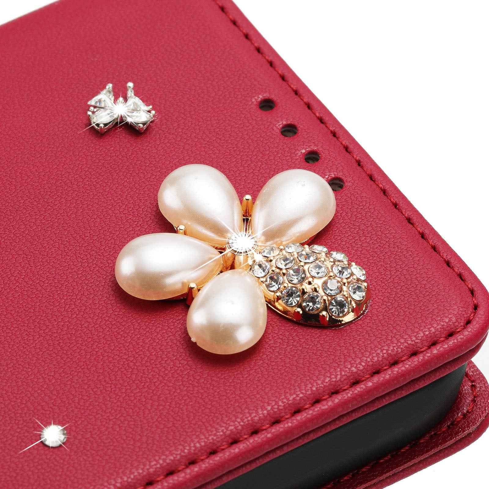 For Samsung Galaxy A57 5G Leather Case RFID Blocking Wallet Stand Rhinestones Ballet Dancer Flip Phone Cover - Wine Red