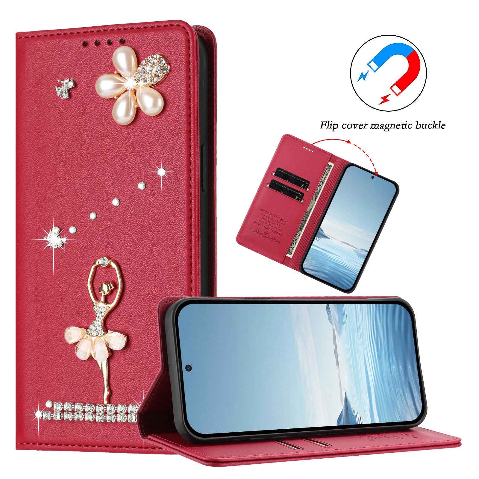 For Samsung Galaxy A57 5G Leather Case RFID Blocking Wallet Stand Rhinestones Ballet Dancer Flip Phone Cover - Wine Red