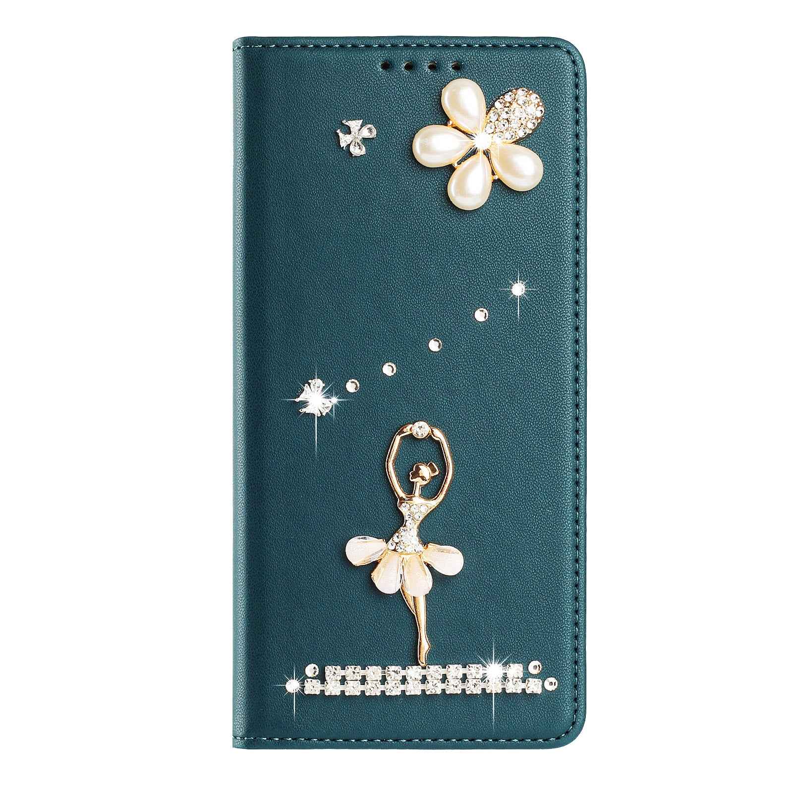 For Samsung Galaxy A57 5G Leather Case RFID Blocking Wallet Stand Rhinestones Ballet Dancer Flip Phone Cover - Green