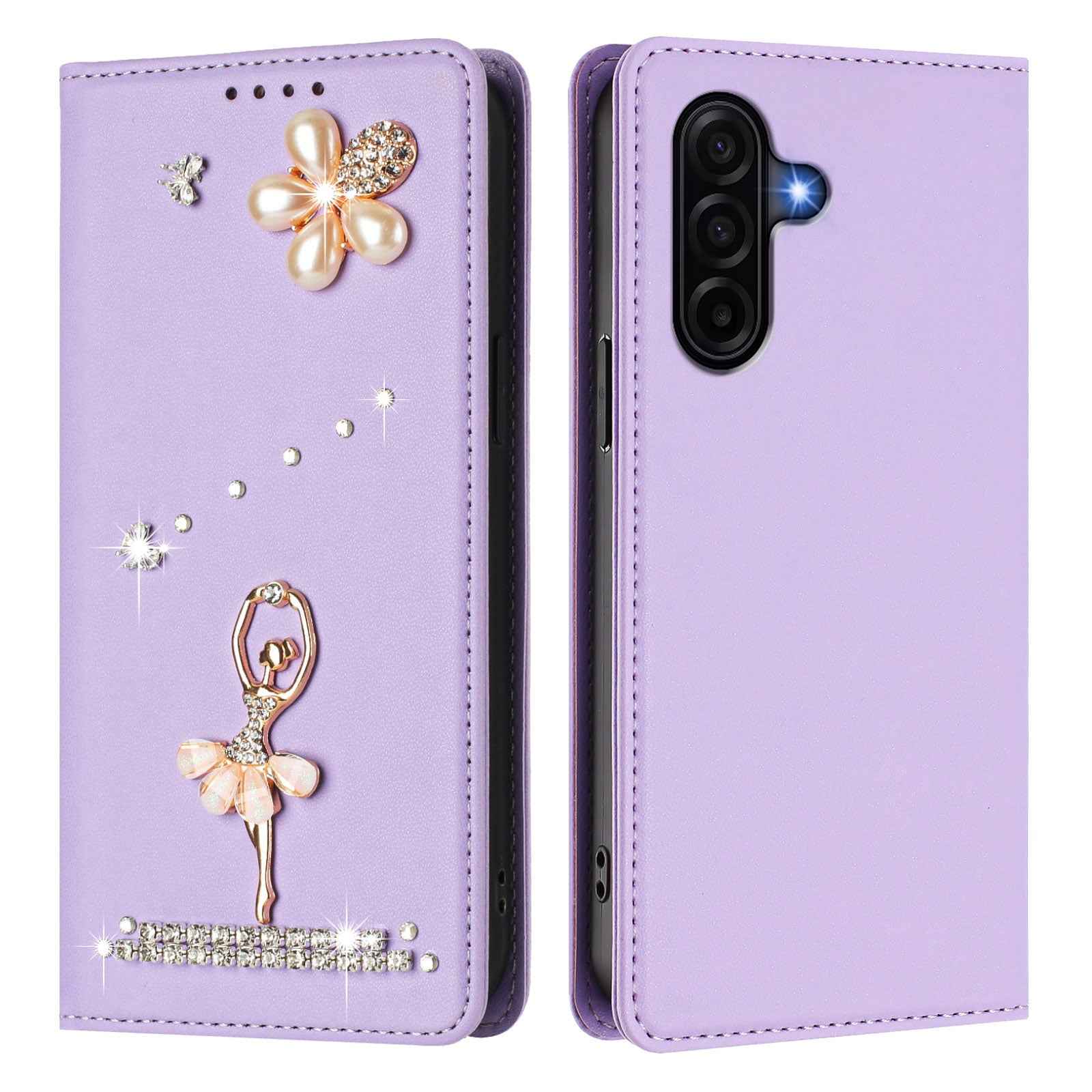 For Samsung Galaxy A57 5G Leather Case RFID Blocking Wallet Stand Rhinestones Ballet Dancer Flip Phone Cover - Light Purple