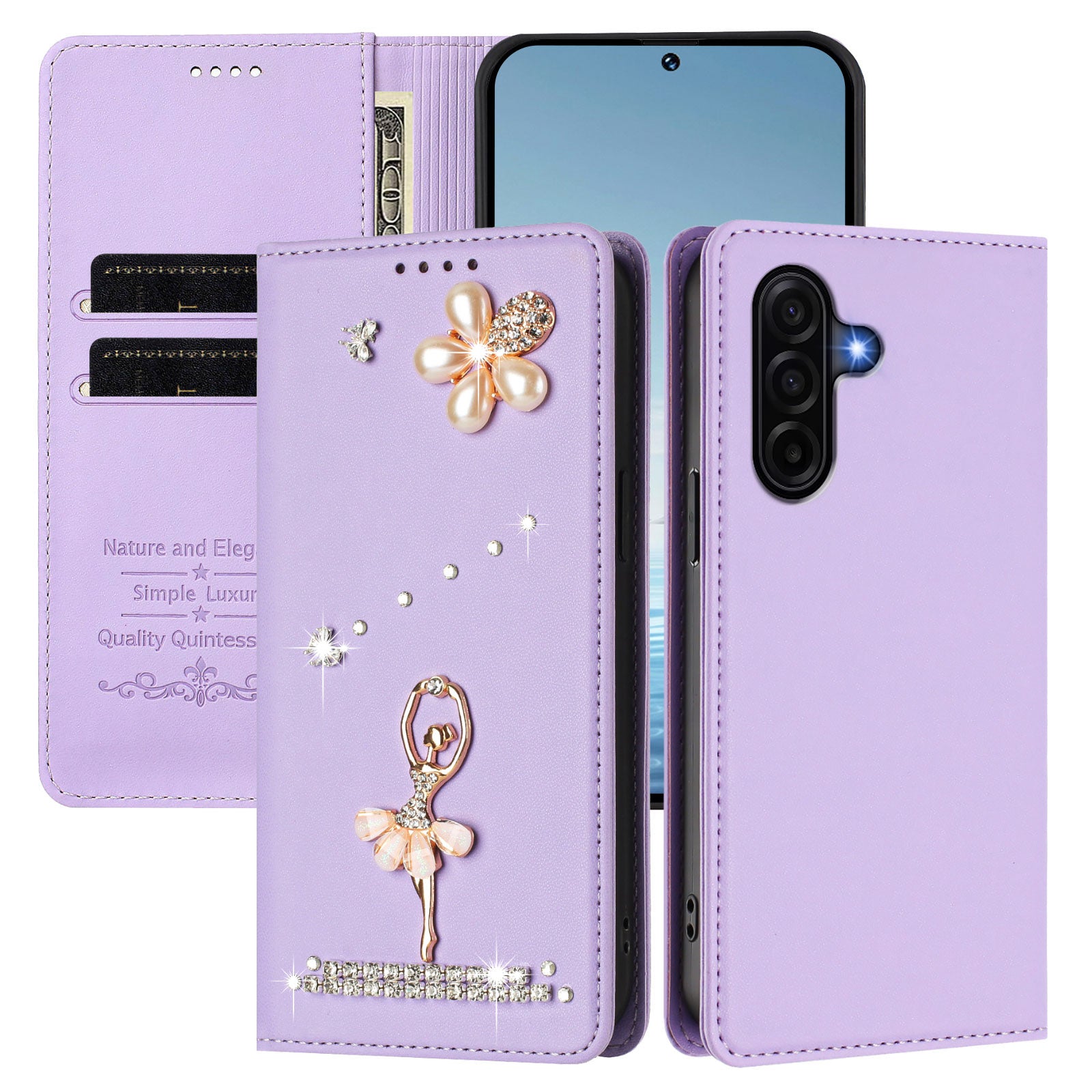 For Samsung Galaxy A57 5G Leather Case RFID Blocking Wallet Stand Rhinestones Ballet Dancer Flip Phone Cover - Light Purple